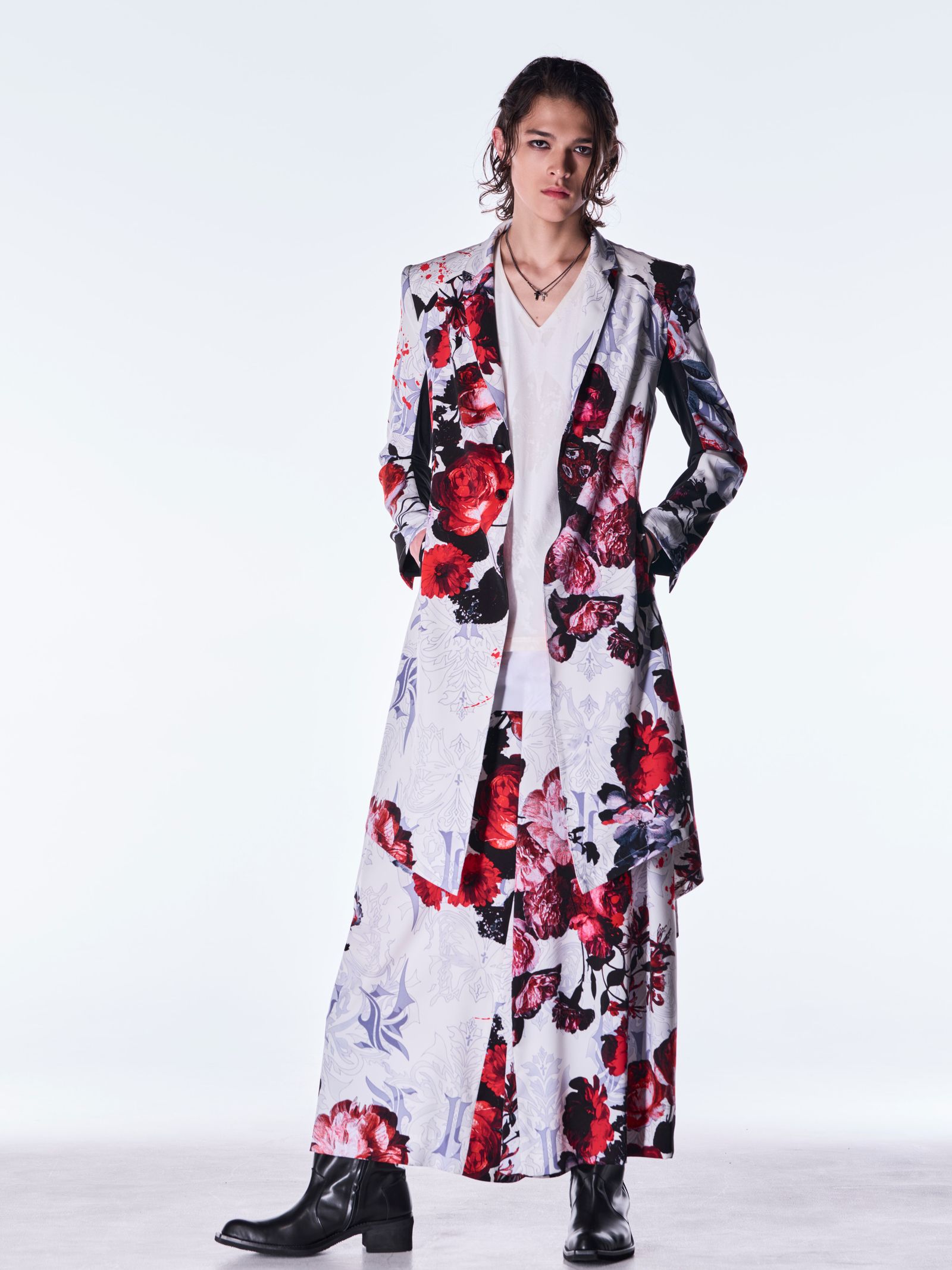 【予約品 6月29日(月) 締切】Goth Flora Suede Satin Flare Jacket / フレアジャケット / ホワイト