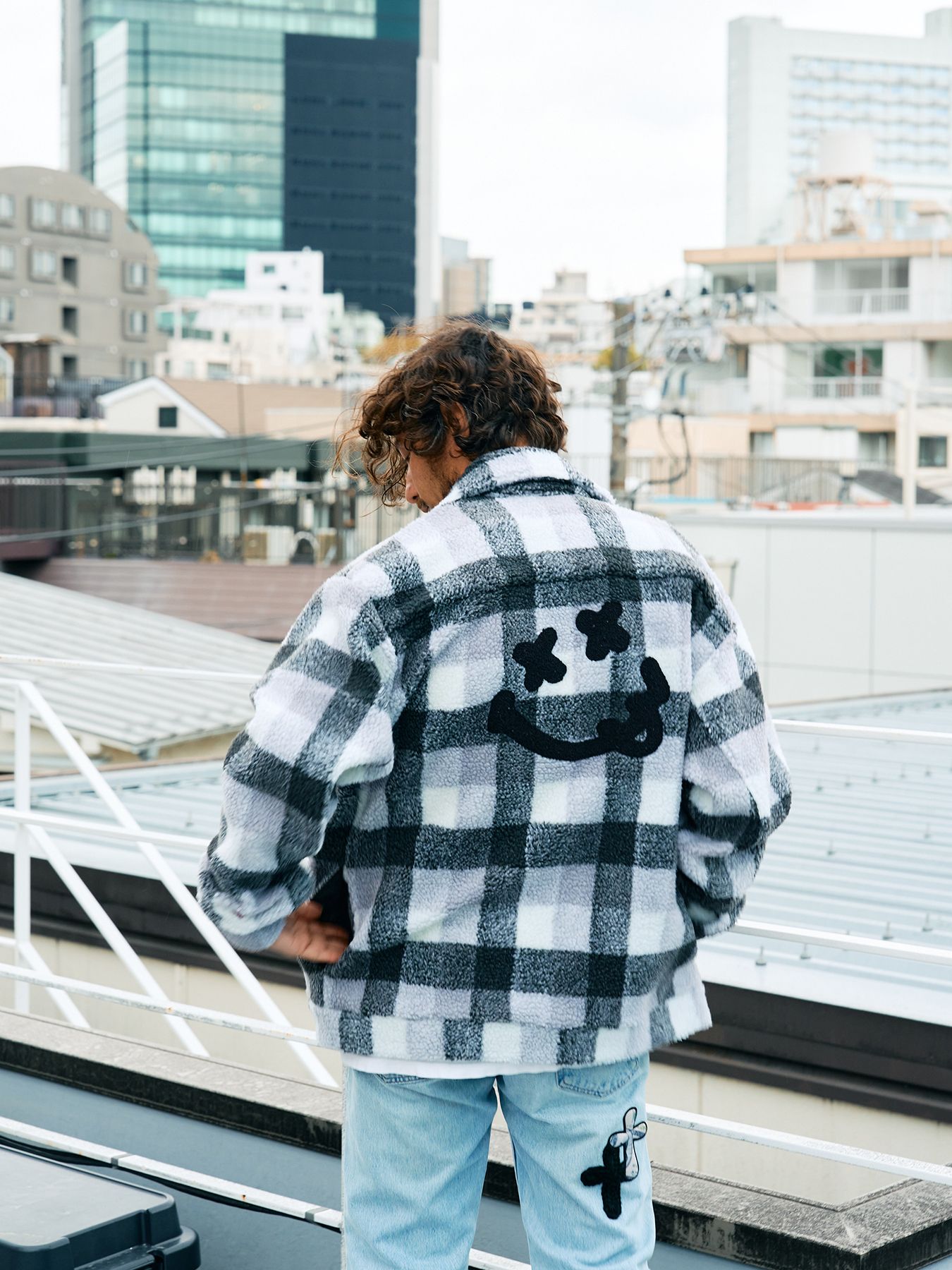 【予約品 】 ブロックチェックムックボア サガラパッチワークブルゾン / M.グレー