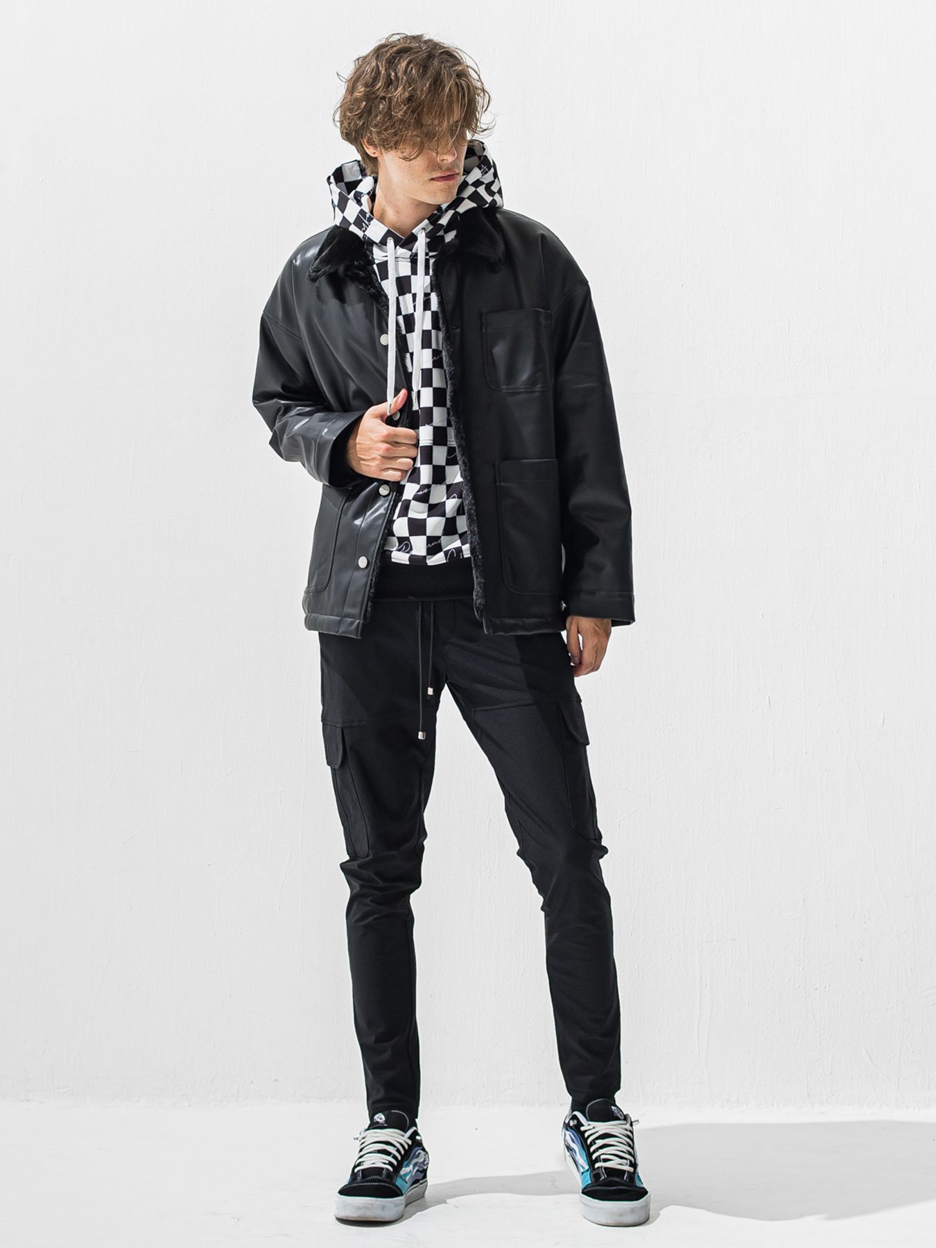 【予約品 9月6日(日) 締切】CHECKER BACK FLEECE TRAINER / 裏起毛 ルーズフーディー / ホワイト×ブラック