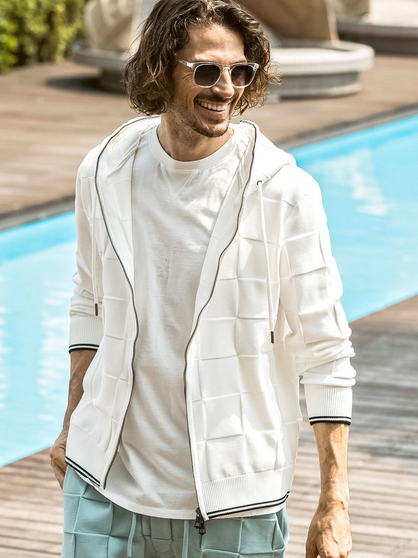 ブロックニットジップアップフーディー / ホワイト