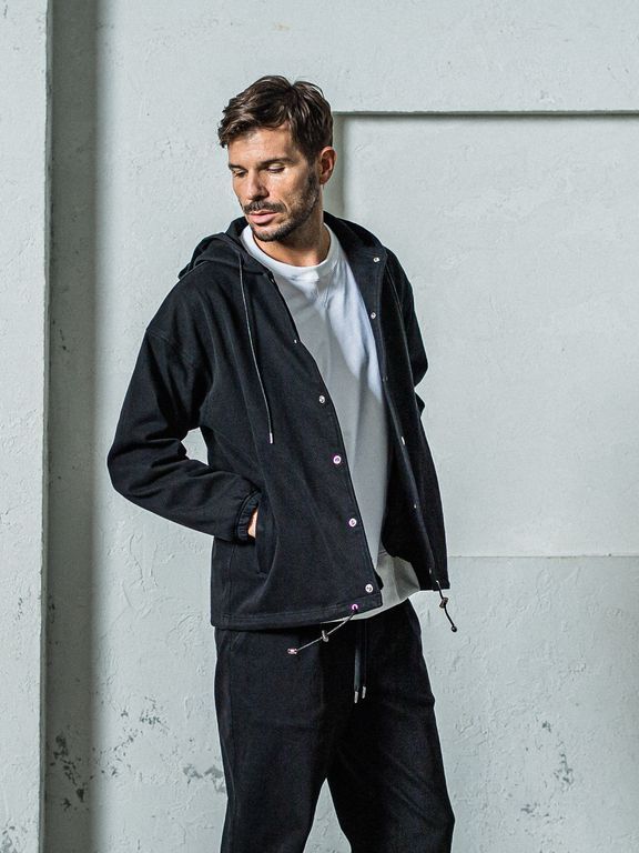 《予約11月17日19時締め》 DENIM JERSEY  coach hoodie / ジャケットパーカー / ブラック