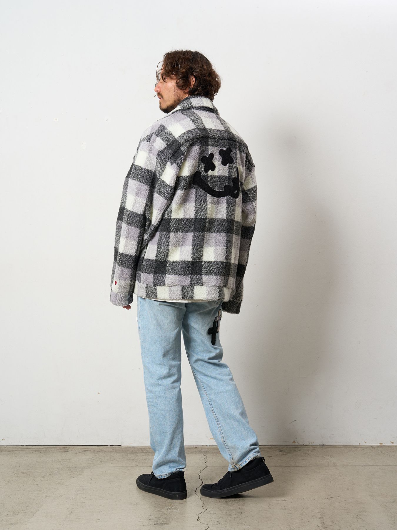 【予約品 】 ブロックチェックムックボア サガラパッチワークブルゾン / M.グレー