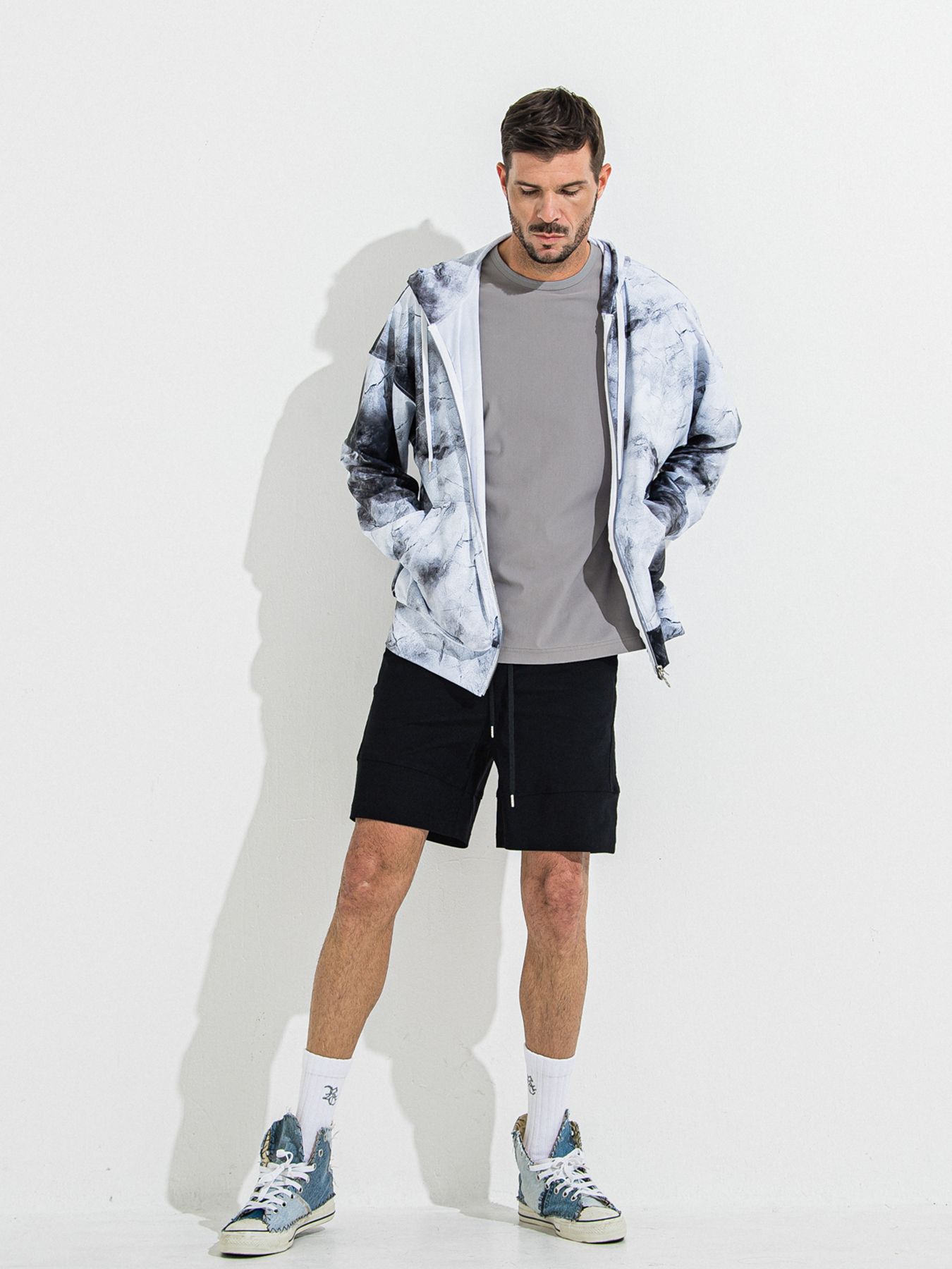 【予約品】RASH OVER ZIPUP HOODIE / ラッシュガード オーバーサイズジップアップパーカー / マーブルホワイト