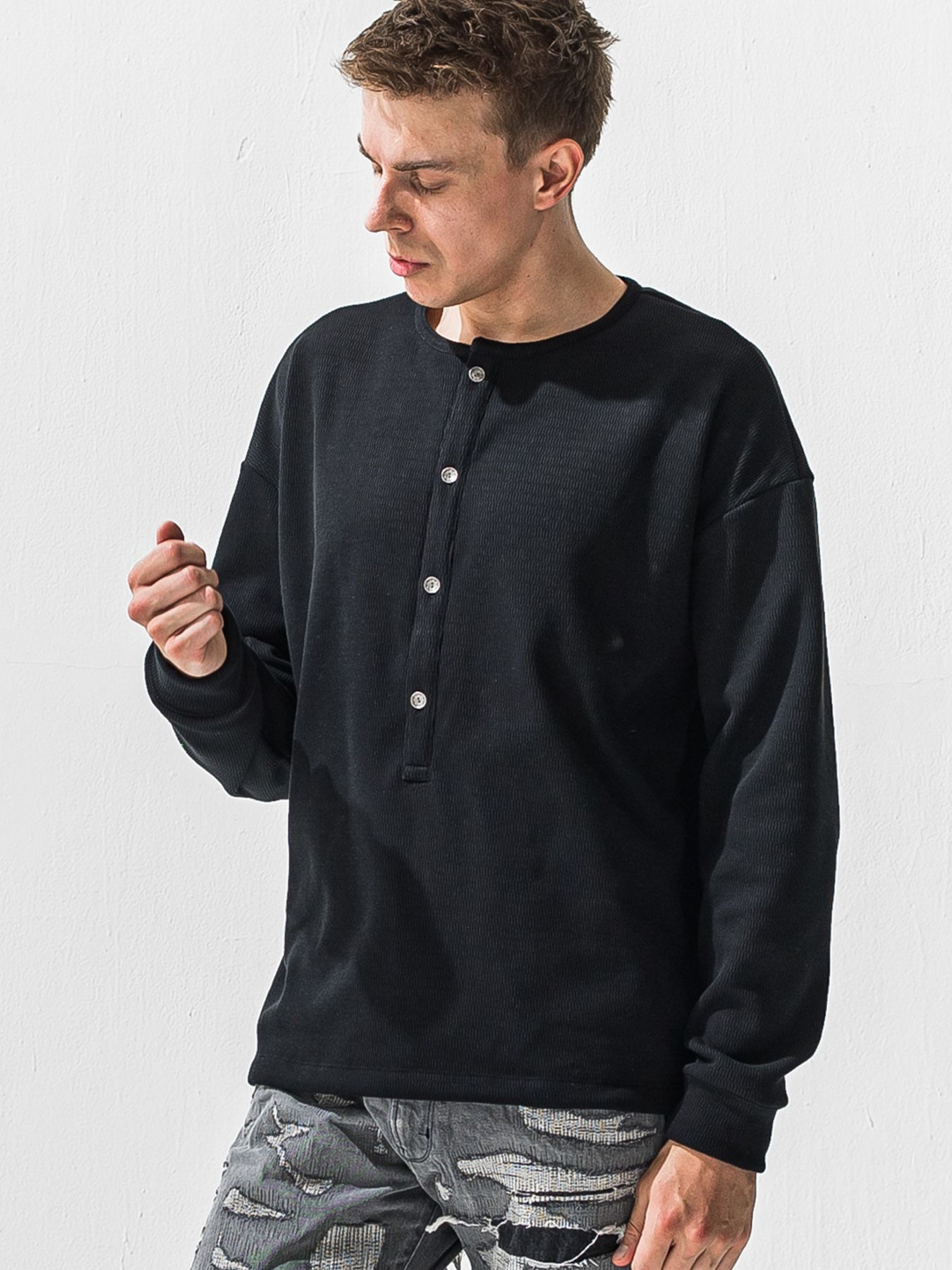 【予約品 9月6日(日) 締切】OVER HENRY VELOURS FLEECE THERMAL / 裏起毛 ハニカムサーマル オーバーサイズヘンリーネック / ブラック