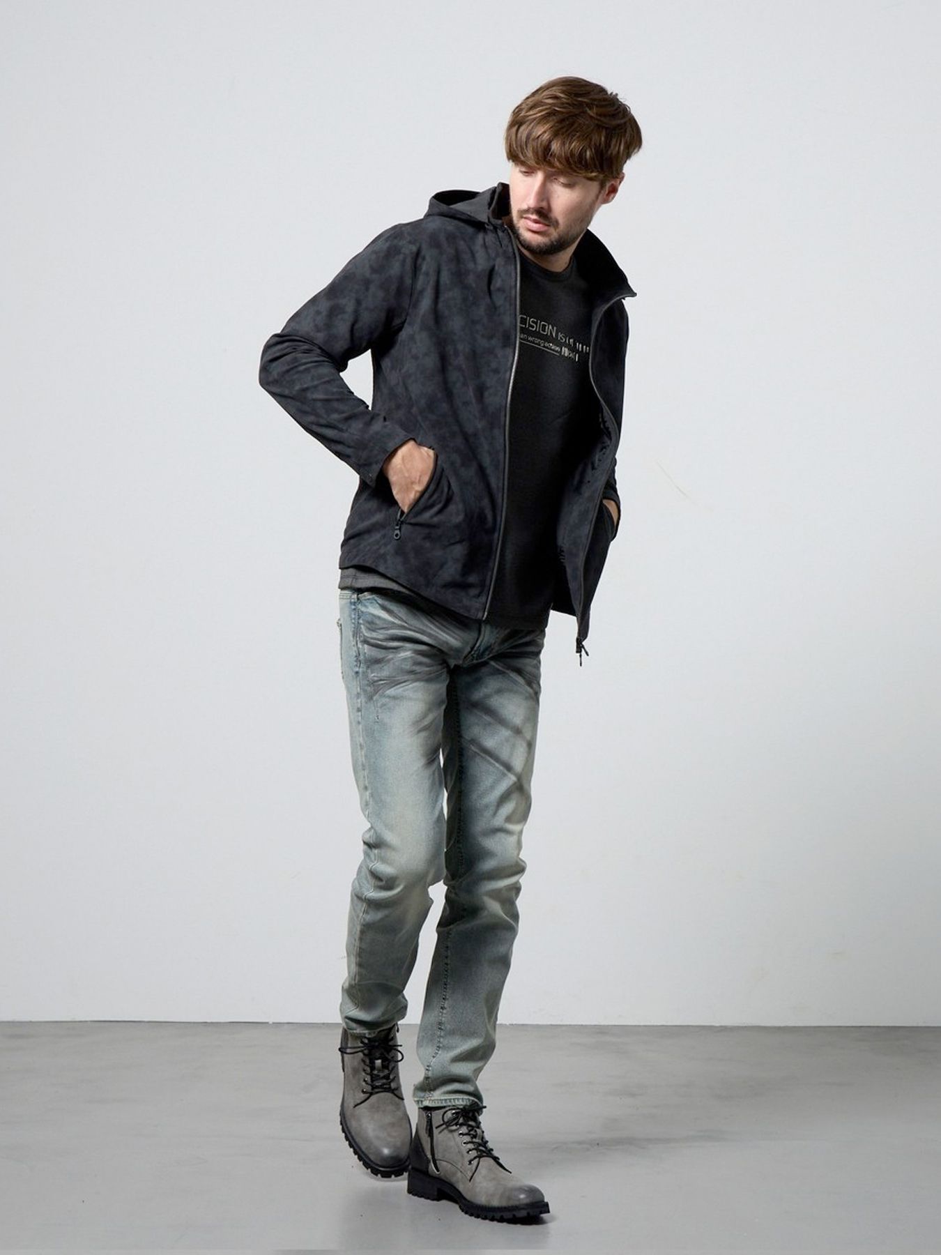 ムラプリントスタンドアップジップブルゾン / ブラック【HIDEAWAYS】