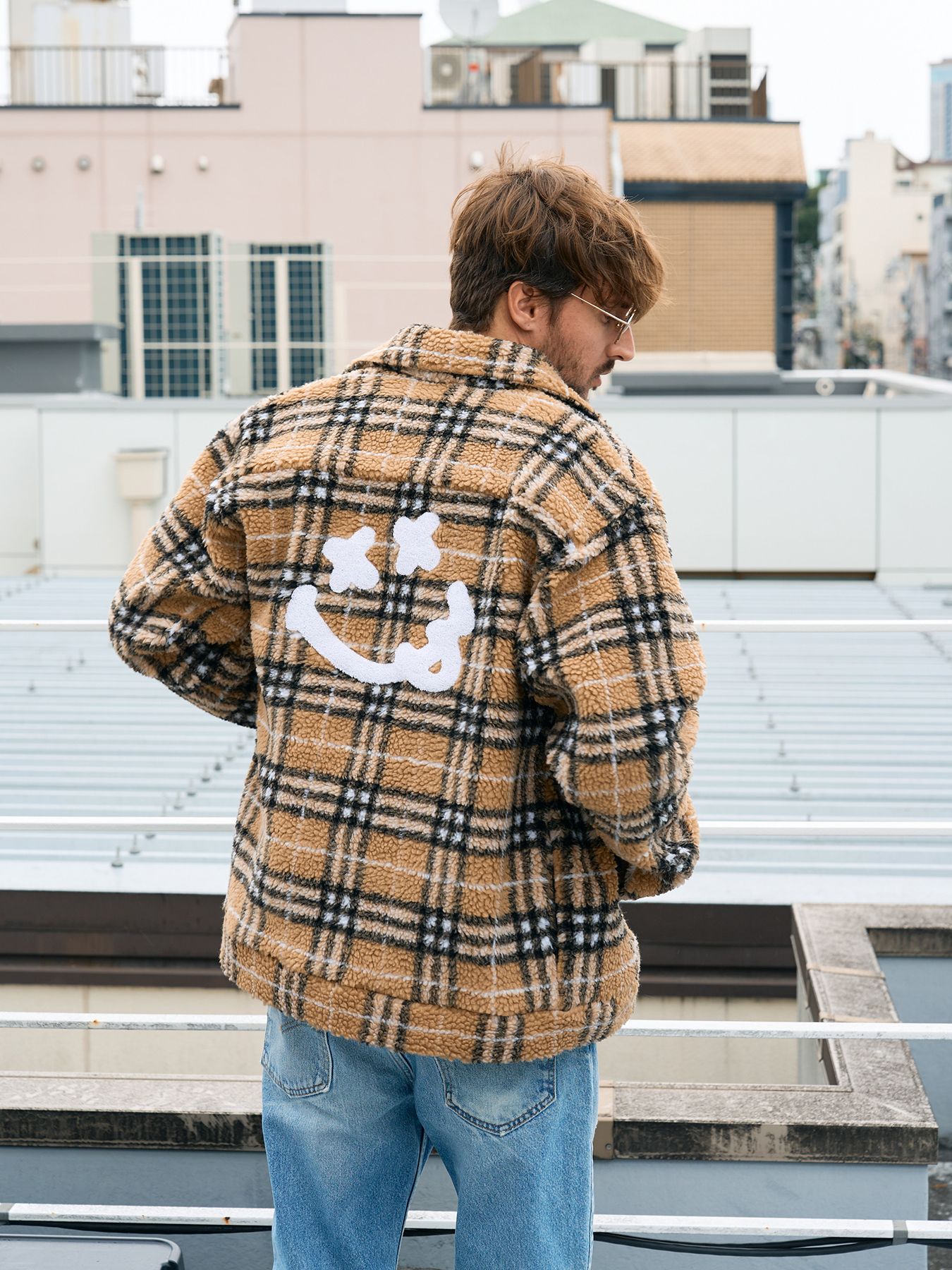 【予約品 】 ブロックチェックムックボア サガラパッチワークブルゾン / ベージュ