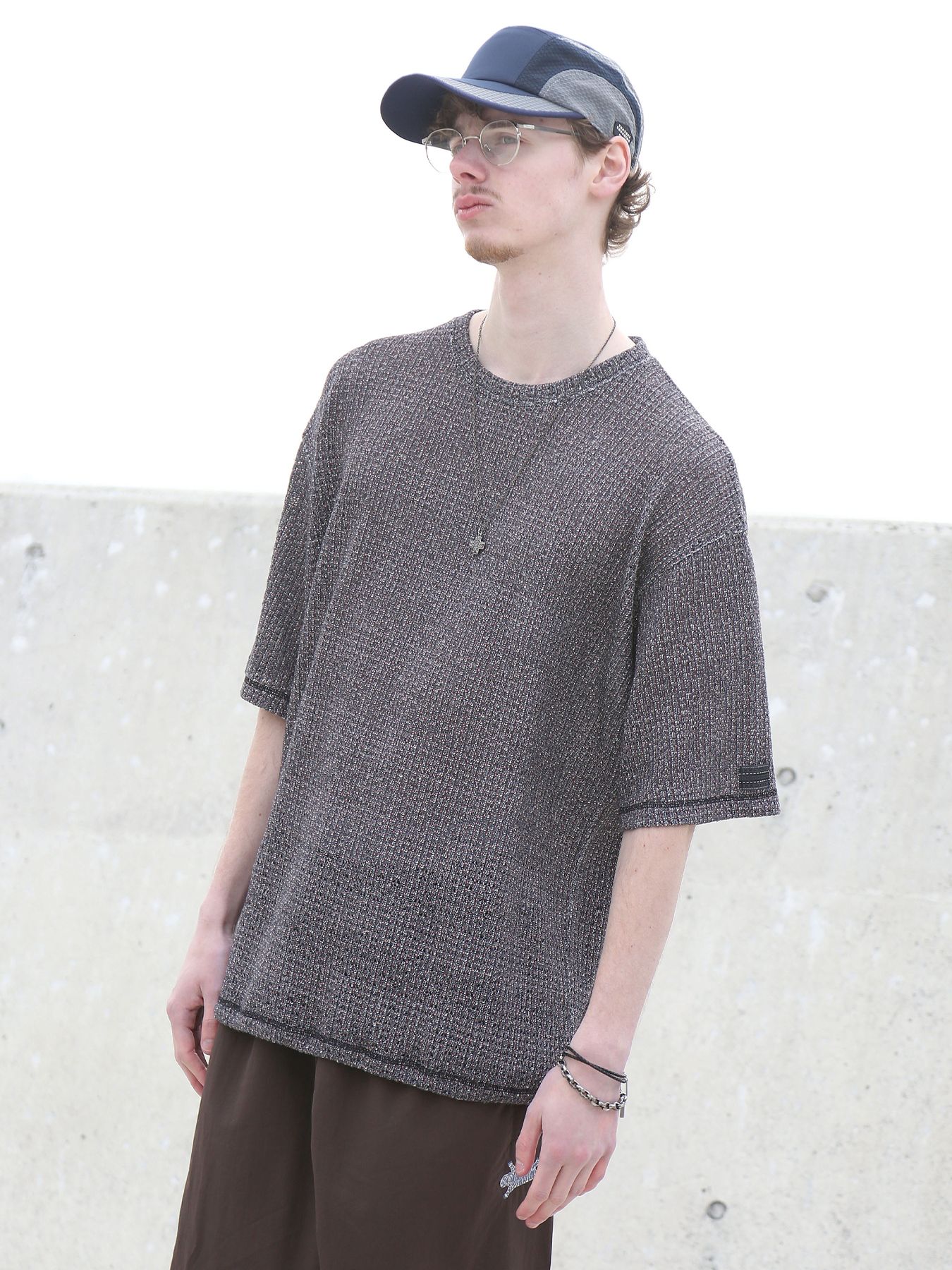 MIXED-MESH KNIT / メッシュニット Tシャツ / ミックスドブラック【QUOLT】