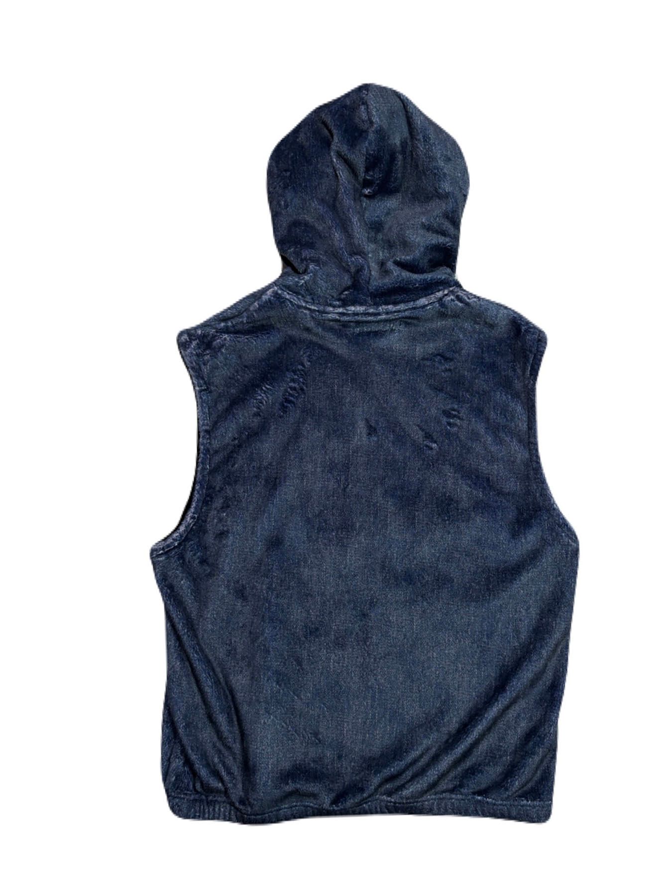 【予約品 3月9日(月) 18:00 締切】FLEECE DENIM VEST A / クリスタルクロスガン デニムプリント フリース ベスト / ブルー