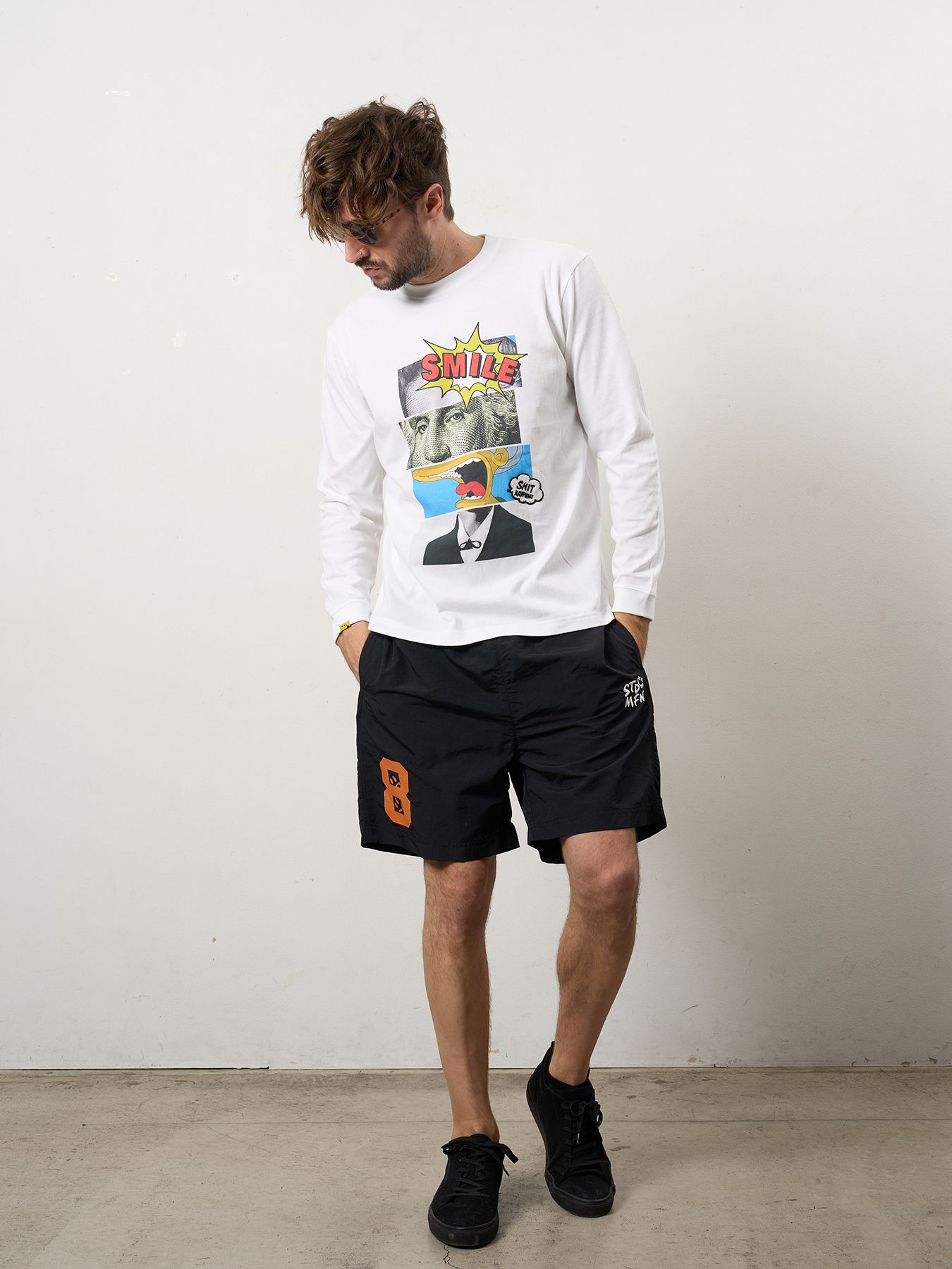 【予約品 10月16日(木) 締切】5.6ozコットン天竺 ブロックコラージュ&パッチ LSシャツ / ホワイト