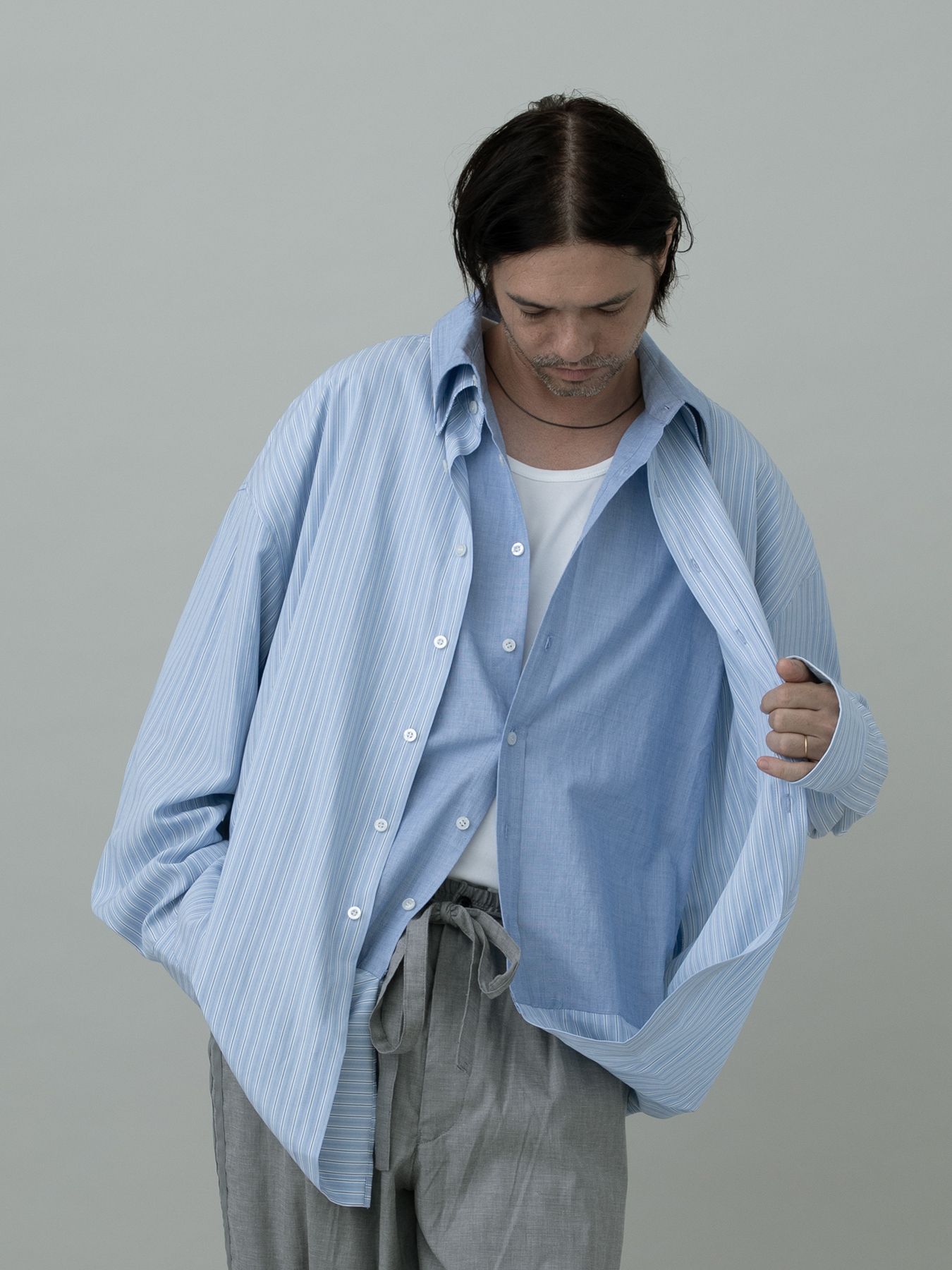 【予約品 10月26日(日) 締切】DOUBLESHIRT / レイヤード ストライプシャツ / SAX.st