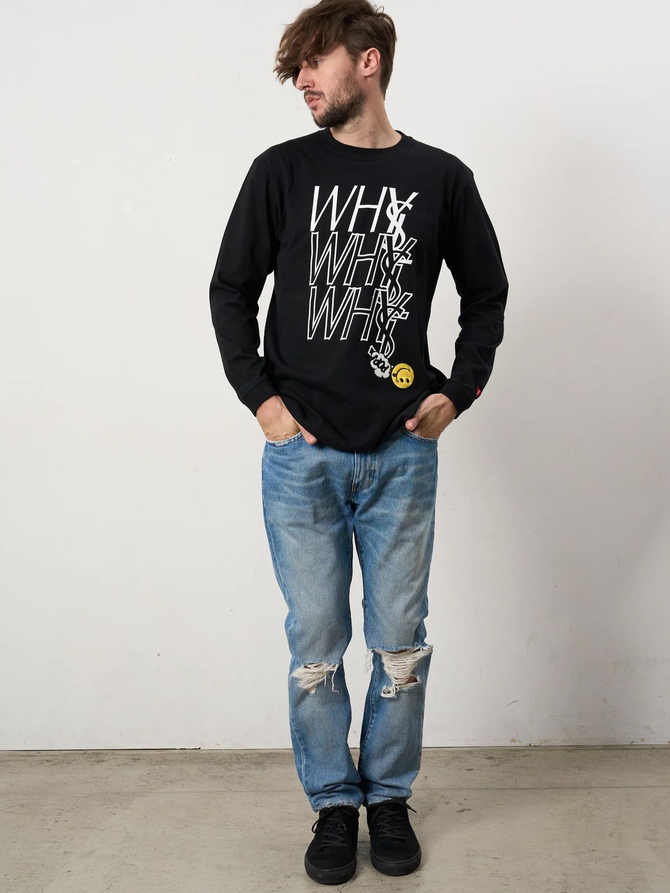 5.6ozコットン天竺 WHYSL/サガラパッチワーク LS Tシャツ / ブラック