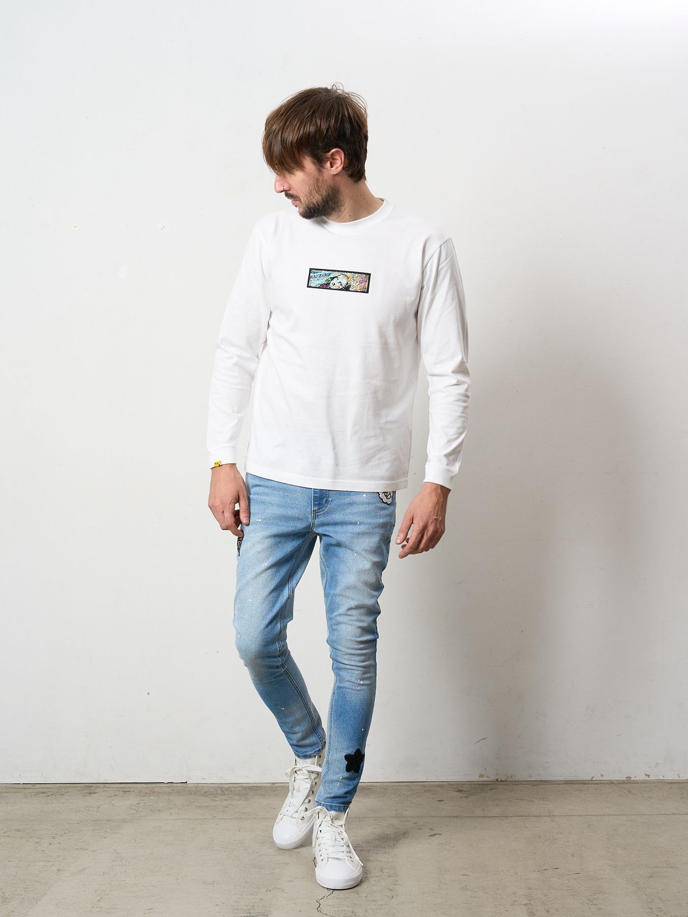 【予約品 】 11ozストレッチデニム マルチパッチワーク& ペインティング 5Pパンツ / ブラック