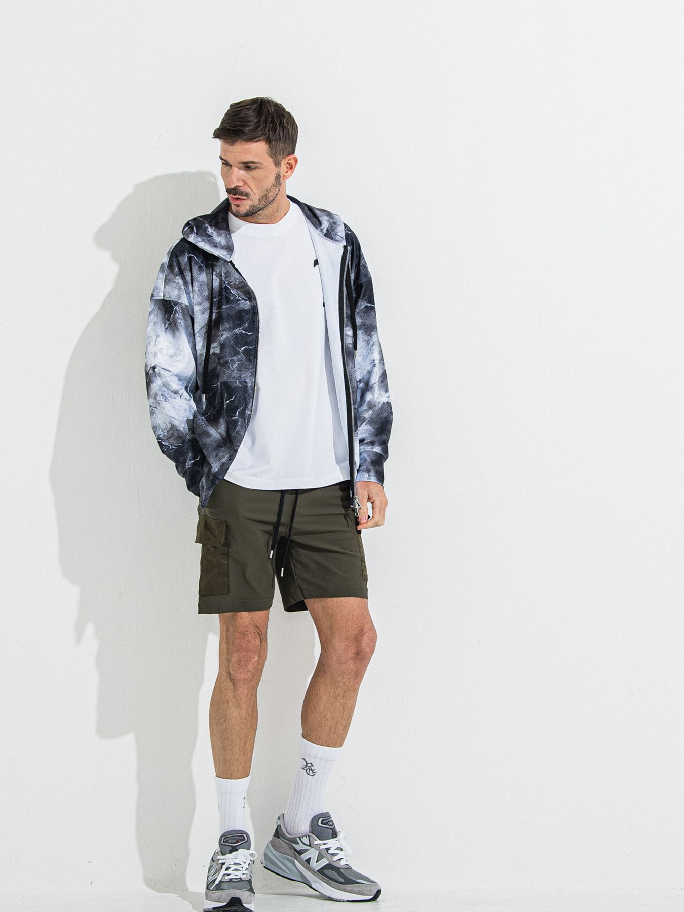 【予約品 】RASH OVER ZIPUP HOODIE / ラッシュガード オーバーサイズジップアップパーカー / マーブルブラック
