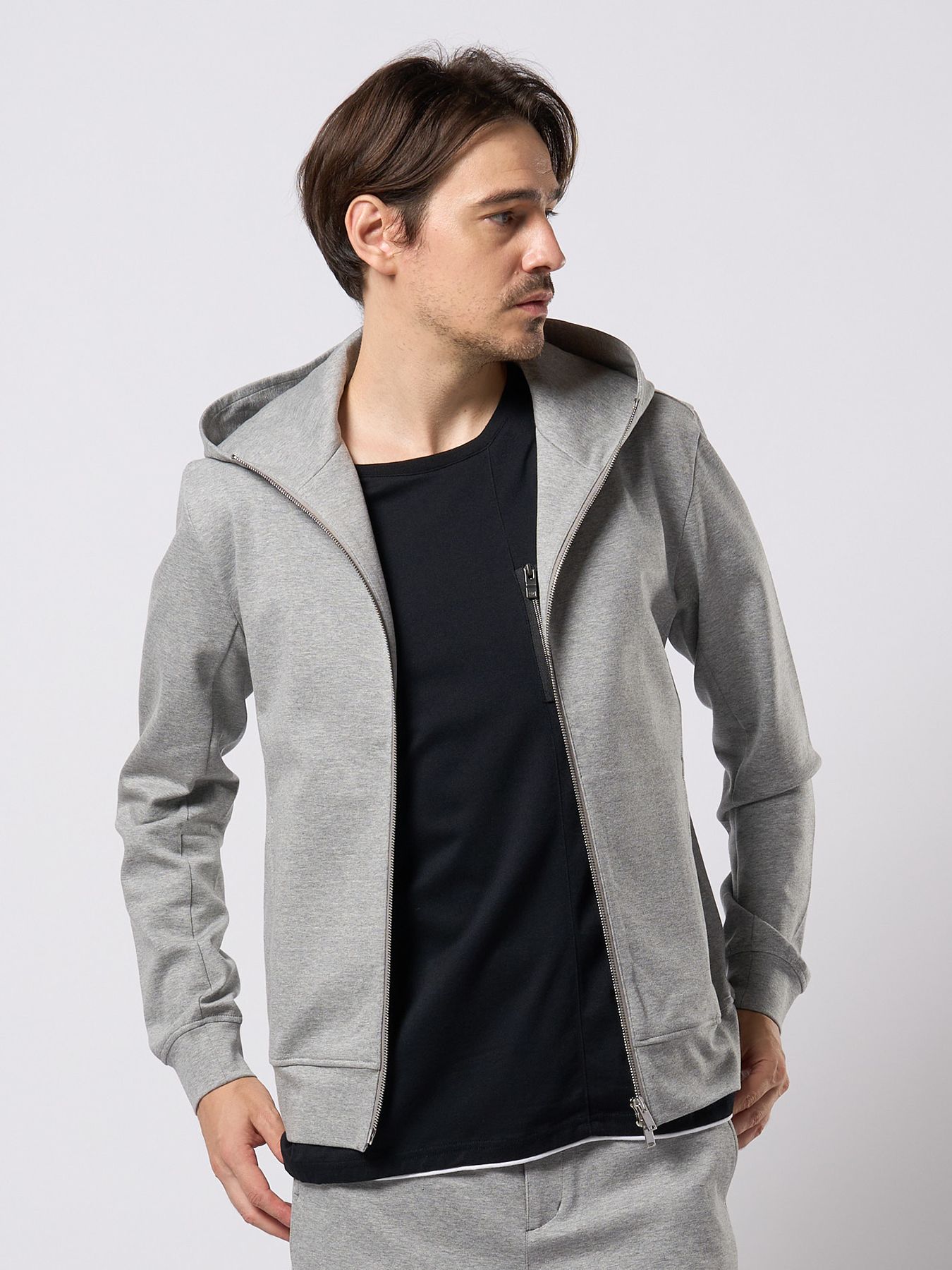 【予約品 9月23日(火) 締切】high neck zip-up parka / ハイネック ジップアップパーカー / 杢グレー
