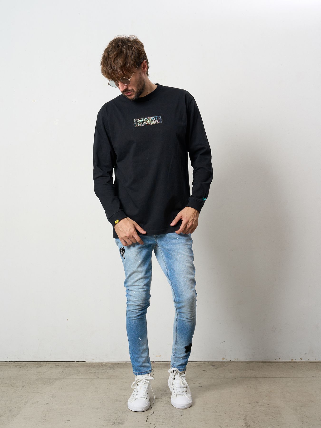 【予約品 5月8日(木) AM10時 締切】 5.6ozコットン天竺 スターグラムハート＆シークインLS Tシャツ / ブラック