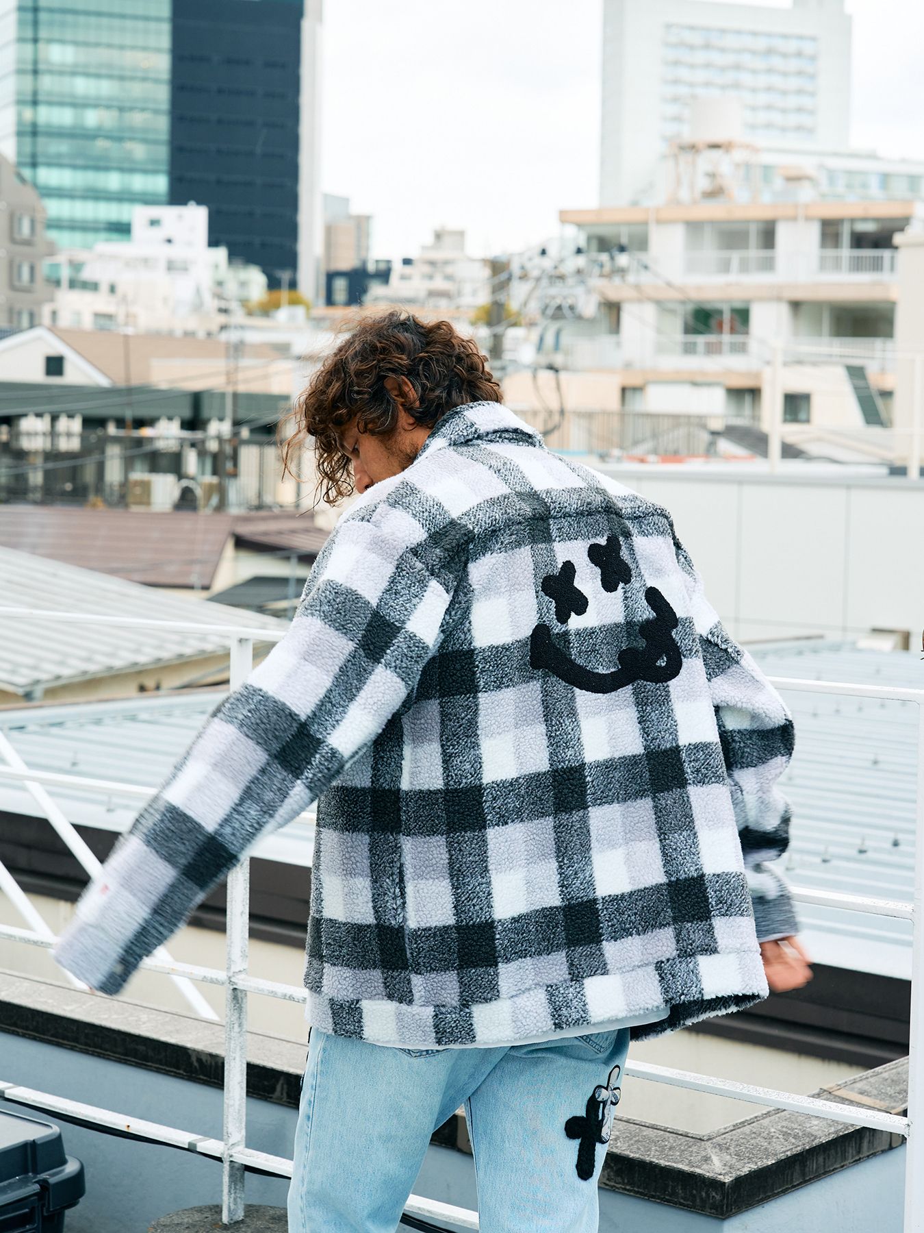 【予約品 】 ブロックチェックムックボア サガラパッチワークブルゾン / M.グレー
