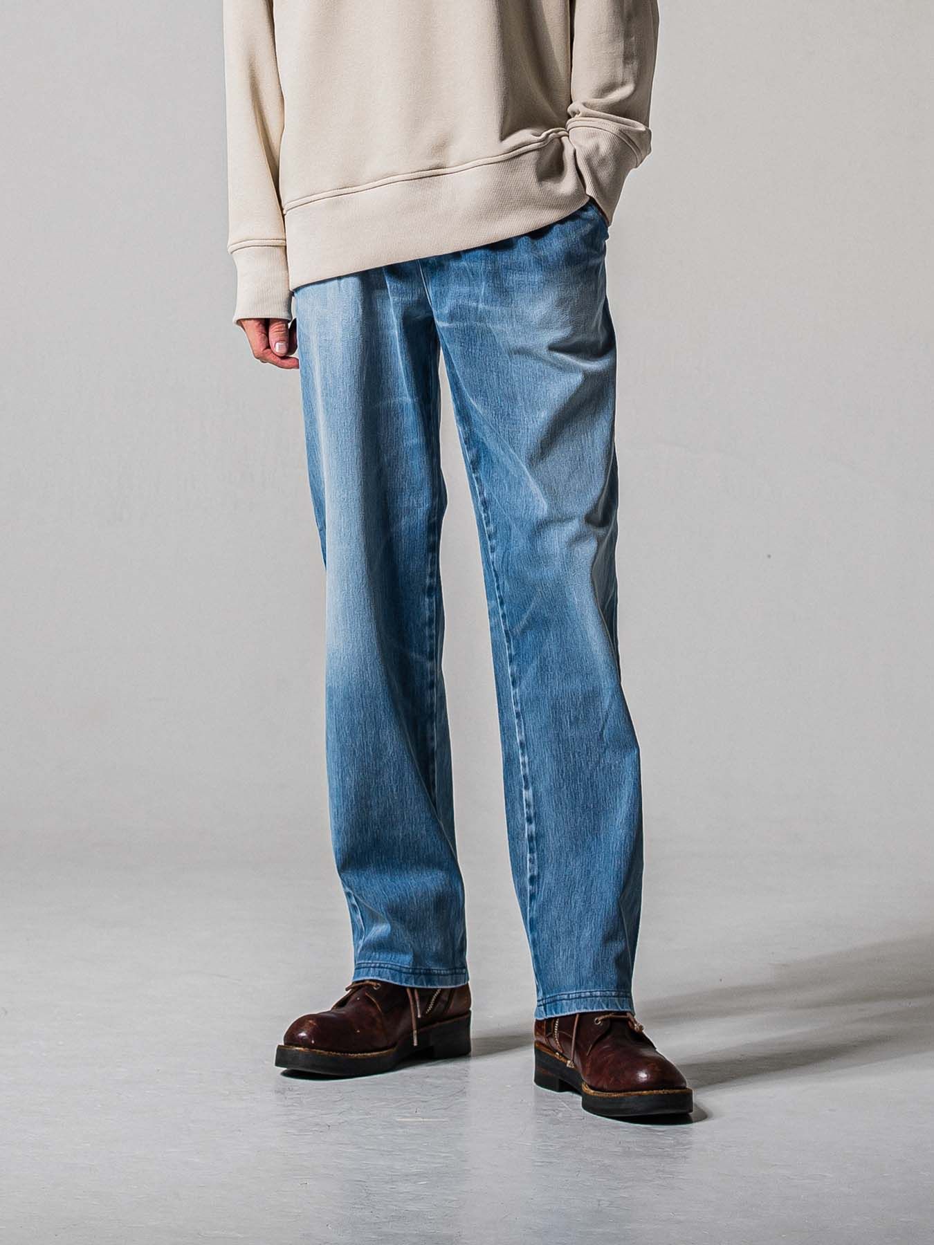 【予約品 11月16日(日) 締切】DENIM JERSEY WIDE PT / デニムジャージ セミワイドシルエット ワンタックイージーパンツ / ライトインディゴ