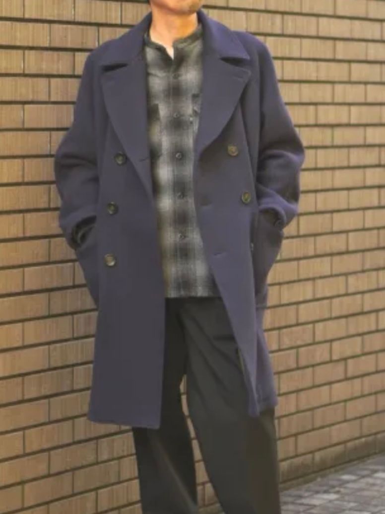 ウールモッサダブルオーバーコート NAVY 裏地ボアファー