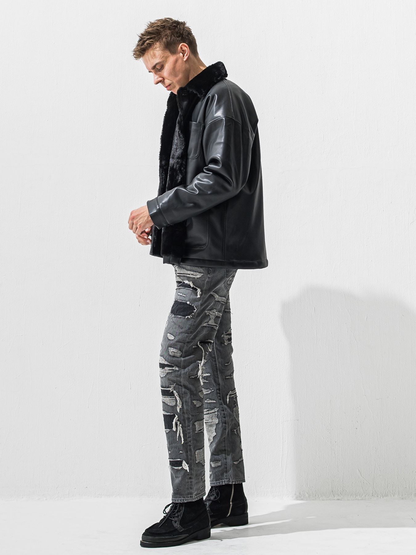 【予約品 9月6日(日) 締切】LEATHER FUR COVERALL / レザー ファー カバーオール / ブラック