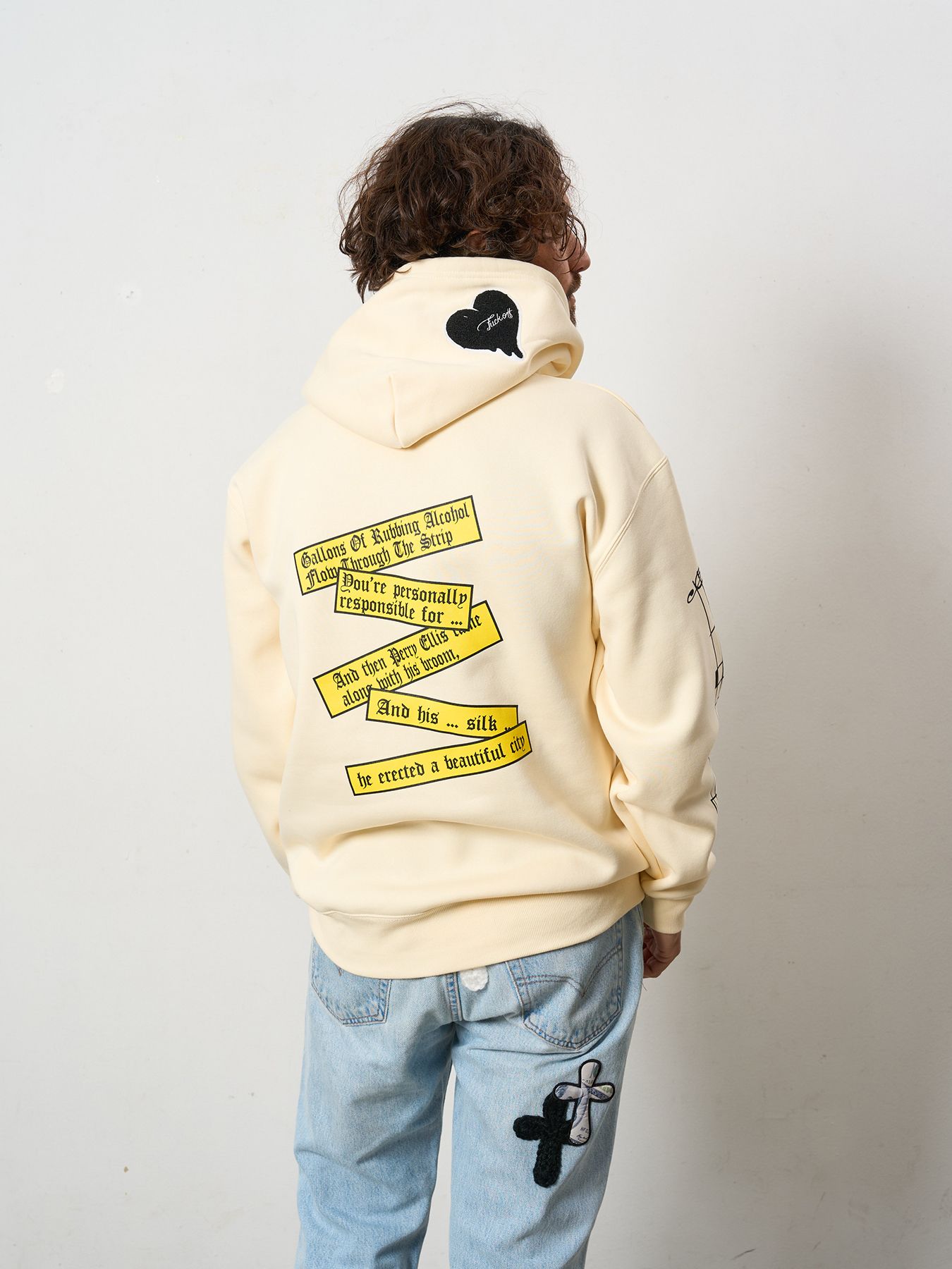 【予約品 5月8日(木) AM10時 締切】 TC裏毛起毛 リリックリボン&MUSICプリントハートサガラパッチワーク プルオーバー パーカー / ナチュラルベージュ