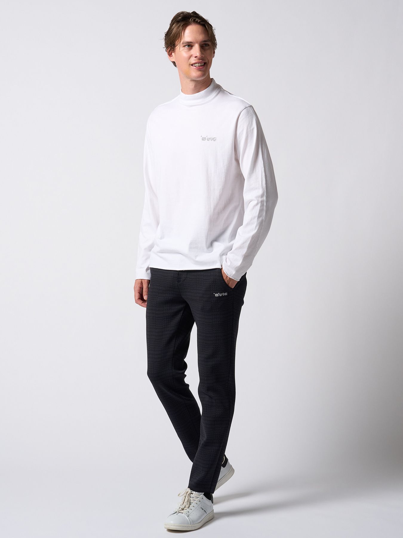 【予約品】muta × wjk collection：cut-off mock-neck L-S(printed) / モックネックロングスリーブカットソー / ホワイト