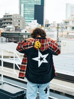【予約品 】 ヘビーネルチェック-ボア レザースター&サガラパッチワーク フーデッドシャツ / ブラック