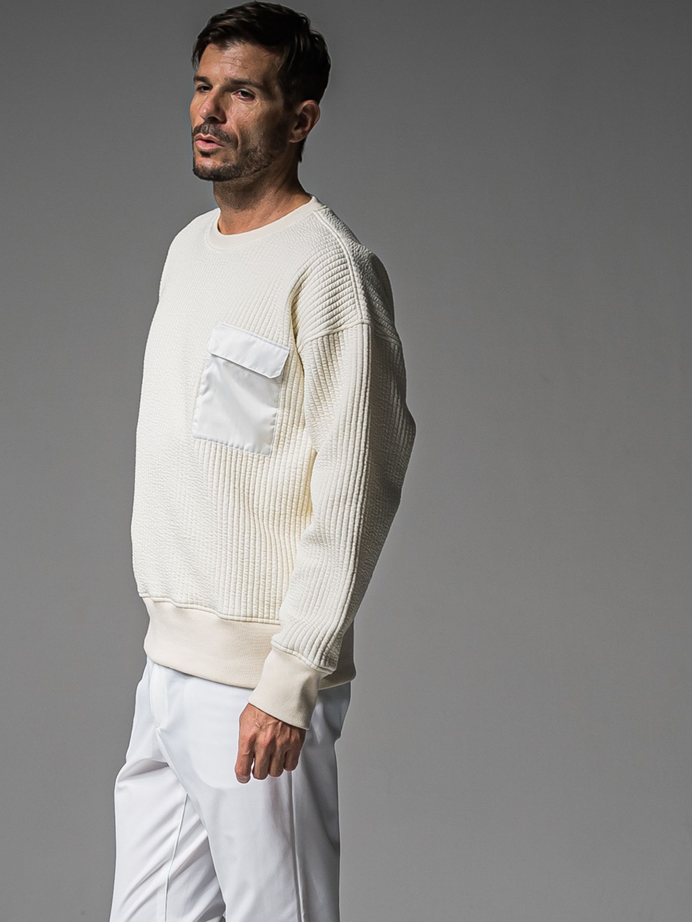 【予約品 】STRIPE QUILTING DROP TRAINER / ストライプキルティング ルーズトレーナー / オフ