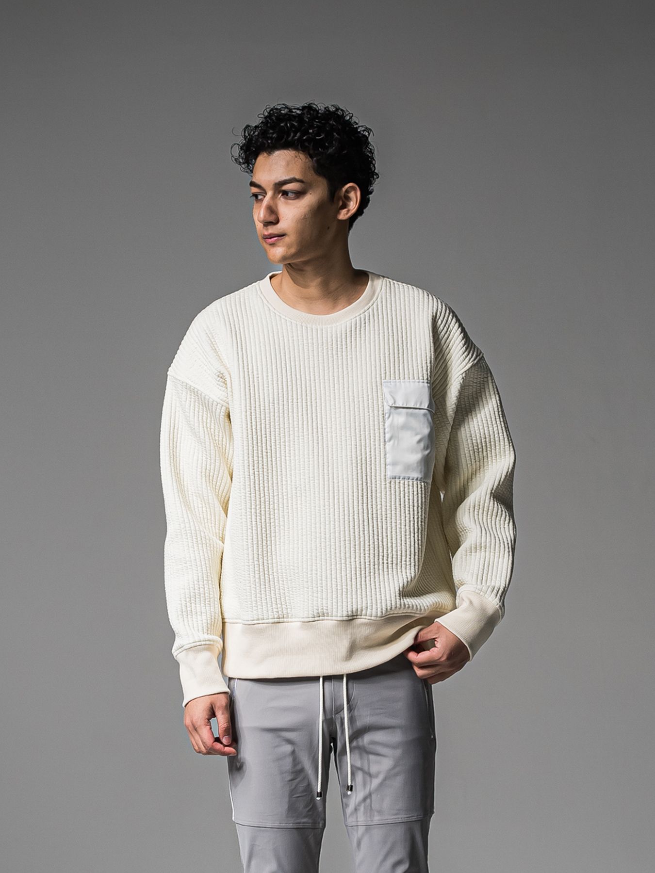 【予約品 】STRIPE QUILTING DROP TRAINER / ストライプキルティング ルーズトレーナー / オフ
