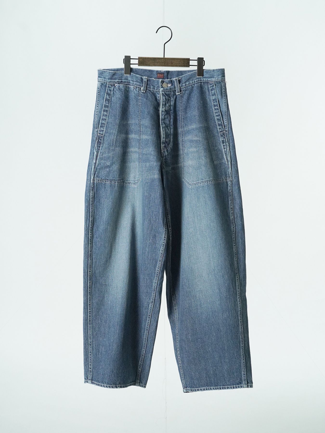 【予約品 5月6日(水) 締切】USN-DENIMTROUSERS aged / ユーズド加工 デニムミリタリーパンツ / インディゴ × 生成りステッチ 淡