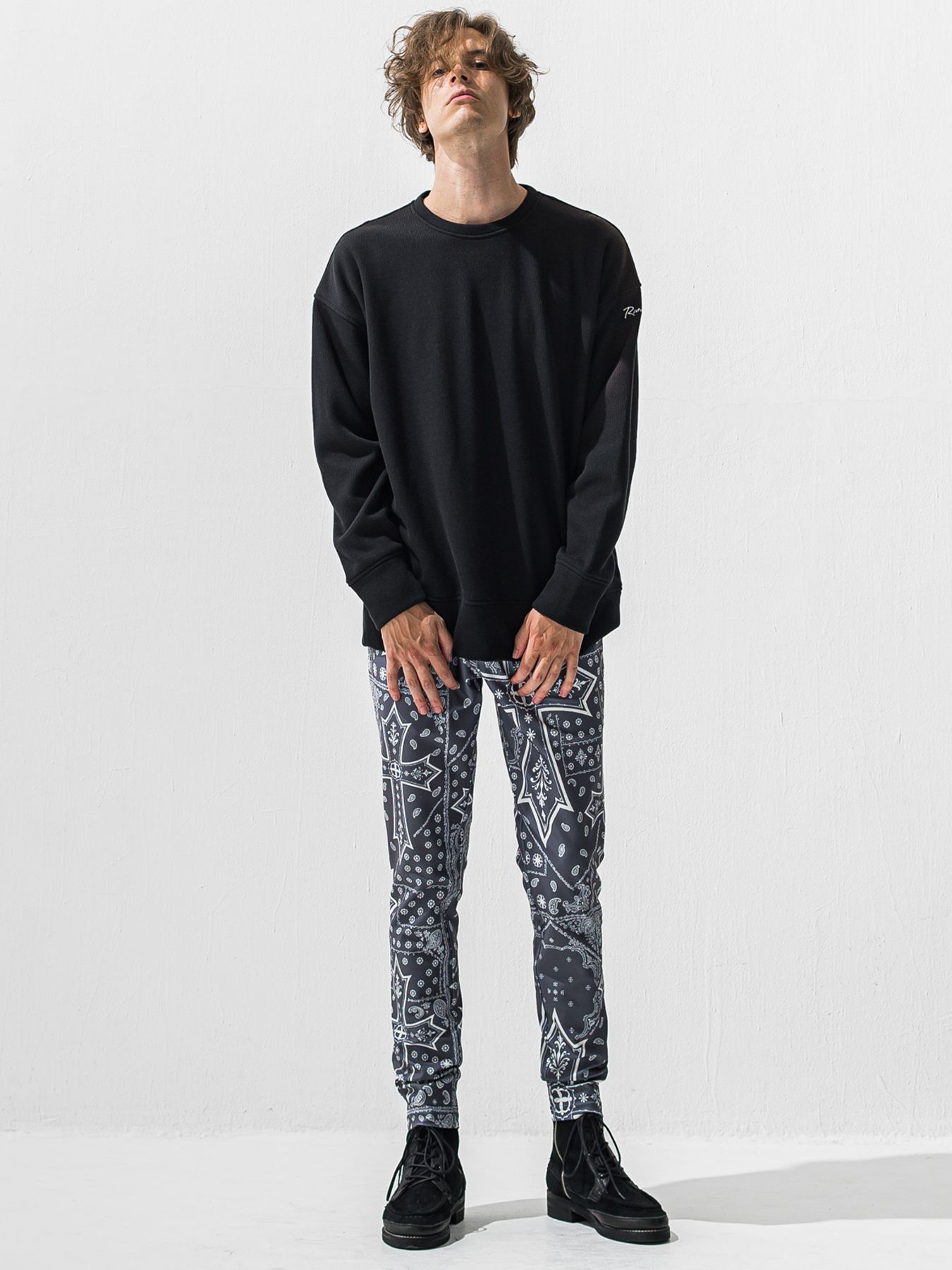 【予約品 9月6日(日) 締切】VELOURS FLEECE THERMAL LOOSE TRAINER / 裏起毛 ハニカムサーマル ルーズトレーナー / ブラック