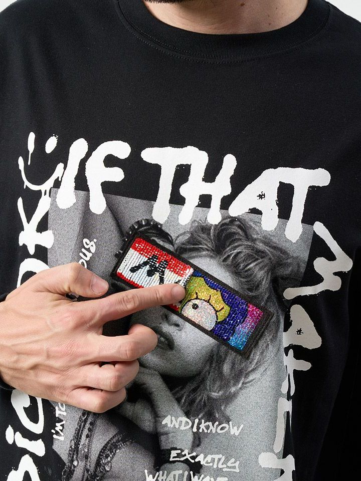 【予約品】 5.6ozコットン天竺 MADGEシークインLS Tシャツ / ブラック 【STUD MUFFIN(スタッドマフィン)】