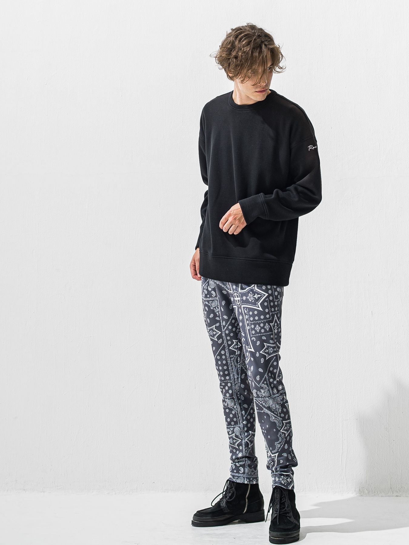 【予約品 9月6日(日) 締切】VELOURS FLEECE THERMAL LOOSE TRAINER / 裏起毛 ハニカムサーマル ルーズトレーナー / ブラック