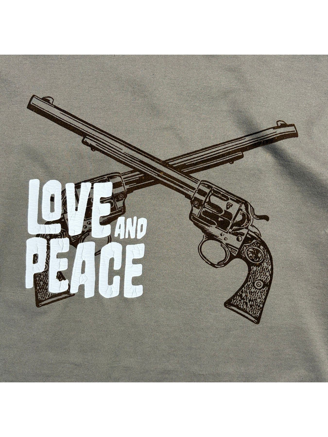 【予約品 3月9日(月) 18:00 締切】ORG/CO S/TEE LAP/GUN / クロスガン LOVE and PEACE オーガニックコットン Tシャツ / カーキ