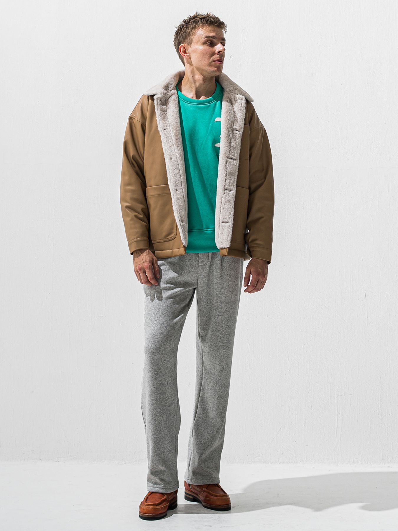 【予約品 9月6日(日) 締切】RC VELOURS FLEECE DROP TRAINER / RCレザーワッペン 裏起毛 ルーズトレーナー / ブルーグリーン