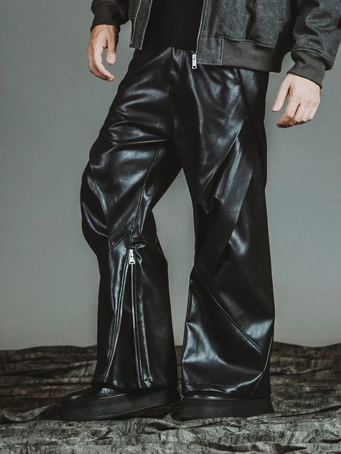 シンセティックレザーZIPフレアパンツ / ブラック【NOID.】