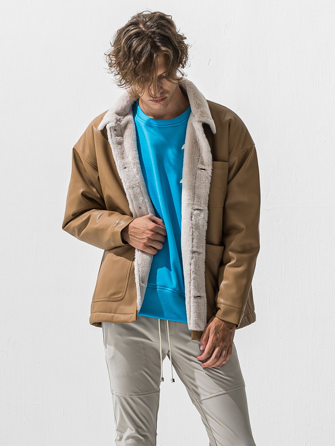 【予約品 9月6日(日) 締切】LEATHER FUR COVERALL / レザー ファー カバーオール / ベージュ