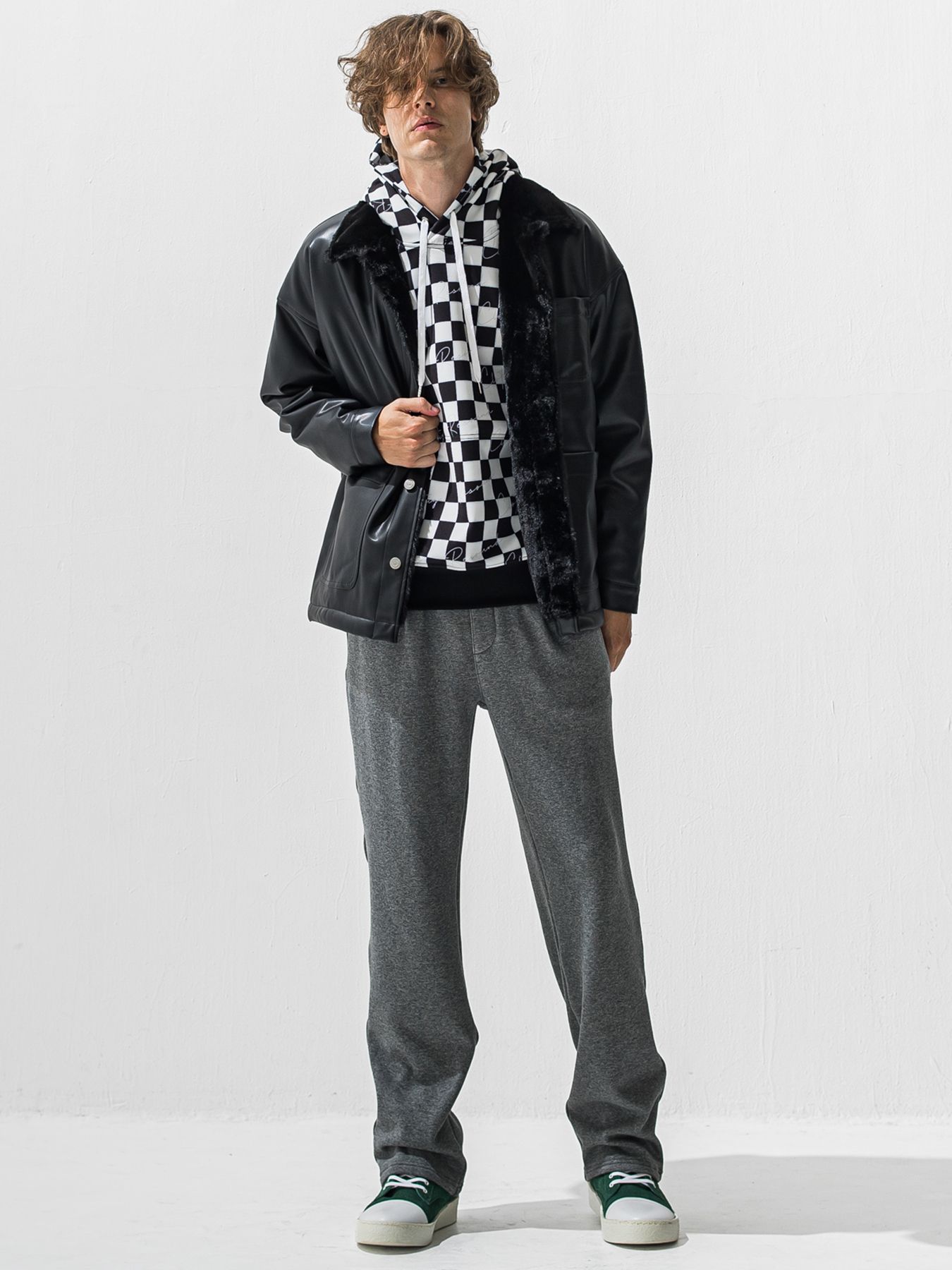 【予約品 9月6日(日) 締切】CHECKER BACK FLEECE TRAINER / 裏起毛 ルーズフーディー / ホワイト×ブラック