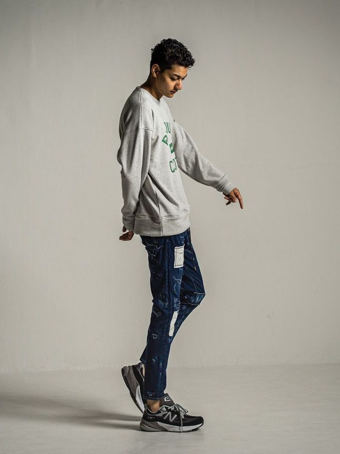 《予約9月1日18時締め》 college  velours fleece drop trainer  / ルーズトレーナー / グレーグリーン