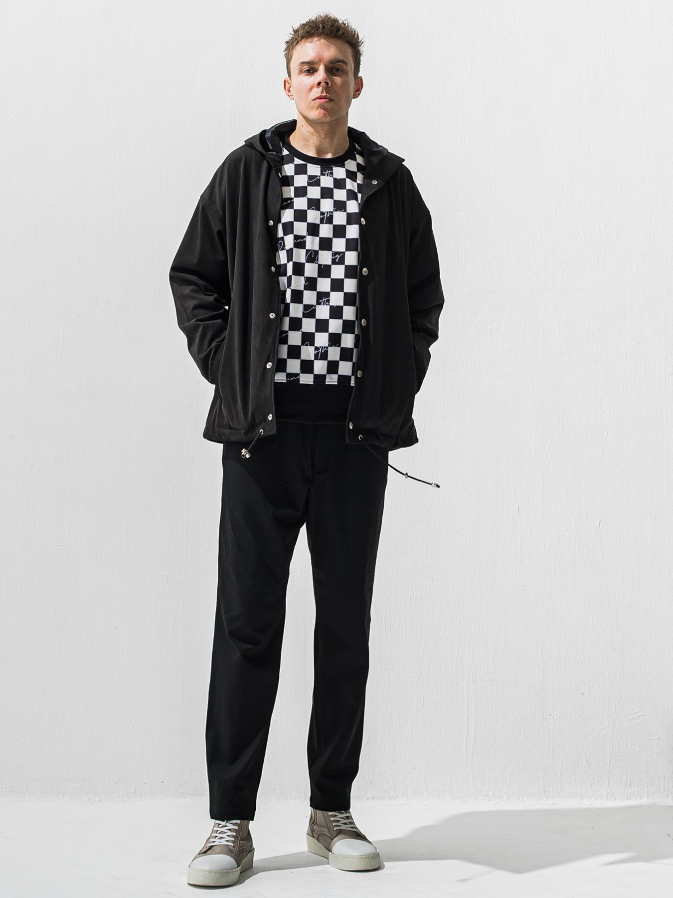 【予約品 9月6日(日) 締切】CHECKER BACK FLEECE TRAINER / 裏起毛 ルーズトレーナー / ホワイト×ブラック