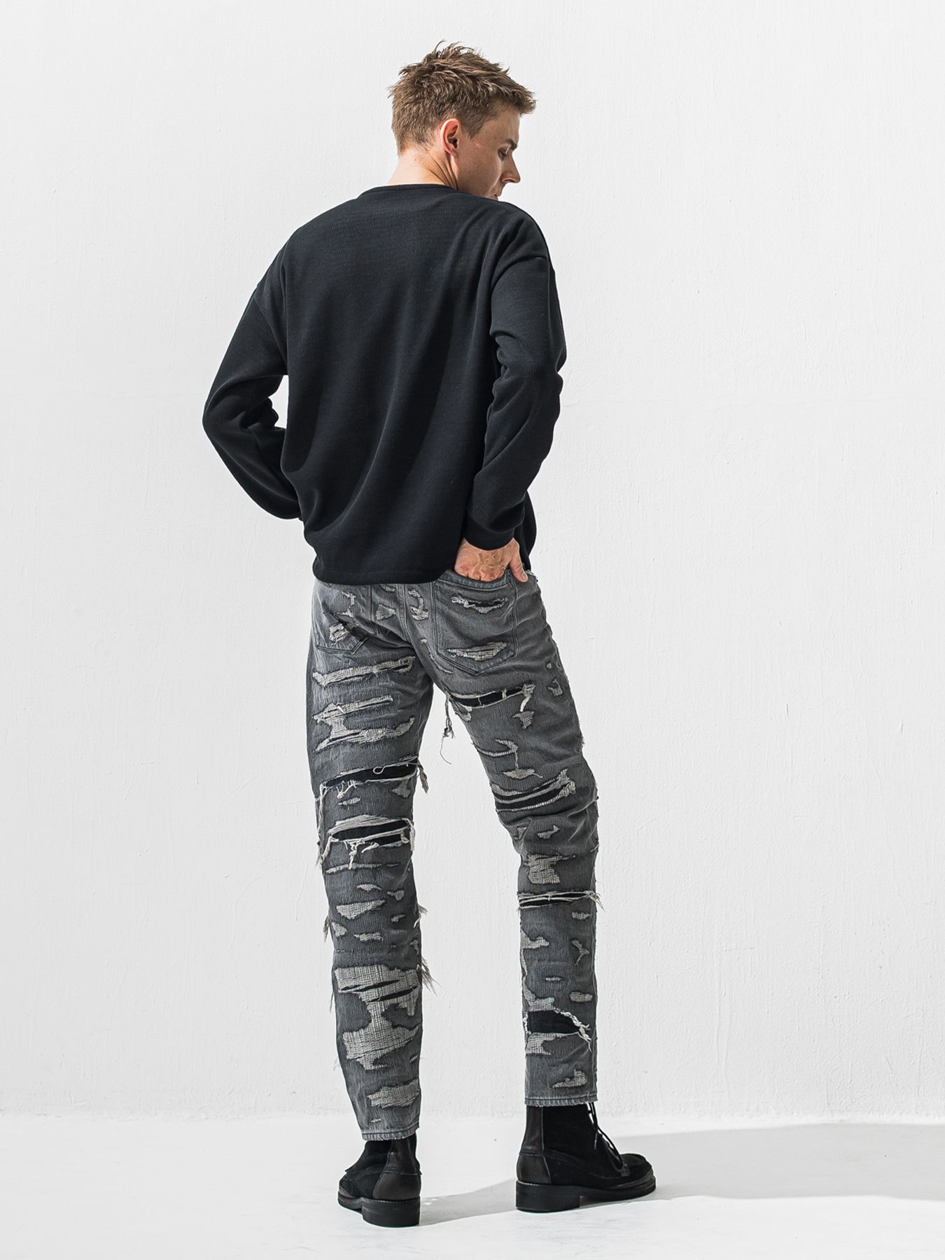 【予約品 9月6日(日) 締切】OVER HENRY VELOURS FLEECE THERMAL / 裏起毛 ハニカムサーマル オーバーサイズヘンリーネック / ブラック