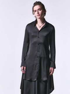 StandCollarFlareShirt / サテンスタンドカラーフリルシャツ / ブラック