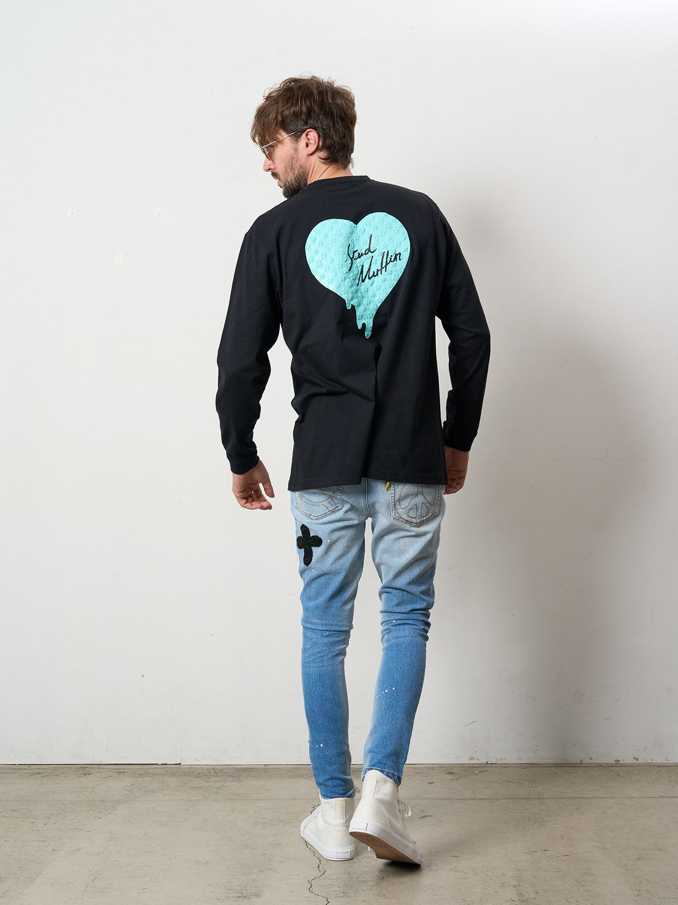 【予約品 5月8日(木) AM10時 締切】 5.6ozコットン天竺 スターグラムハート＆シークインLS Tシャツ / ブラック