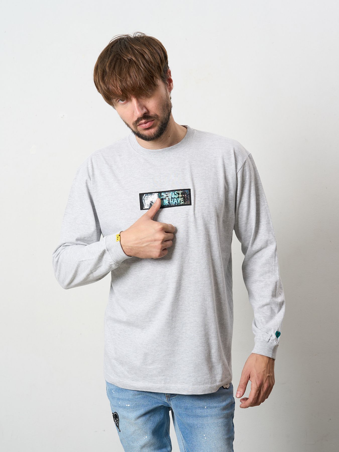 【予約品 5月8日(木) AM10時 締切】 5.6ozコットン天竺 スターグラムハート＆シークインLS Tシャツ / アッシュ