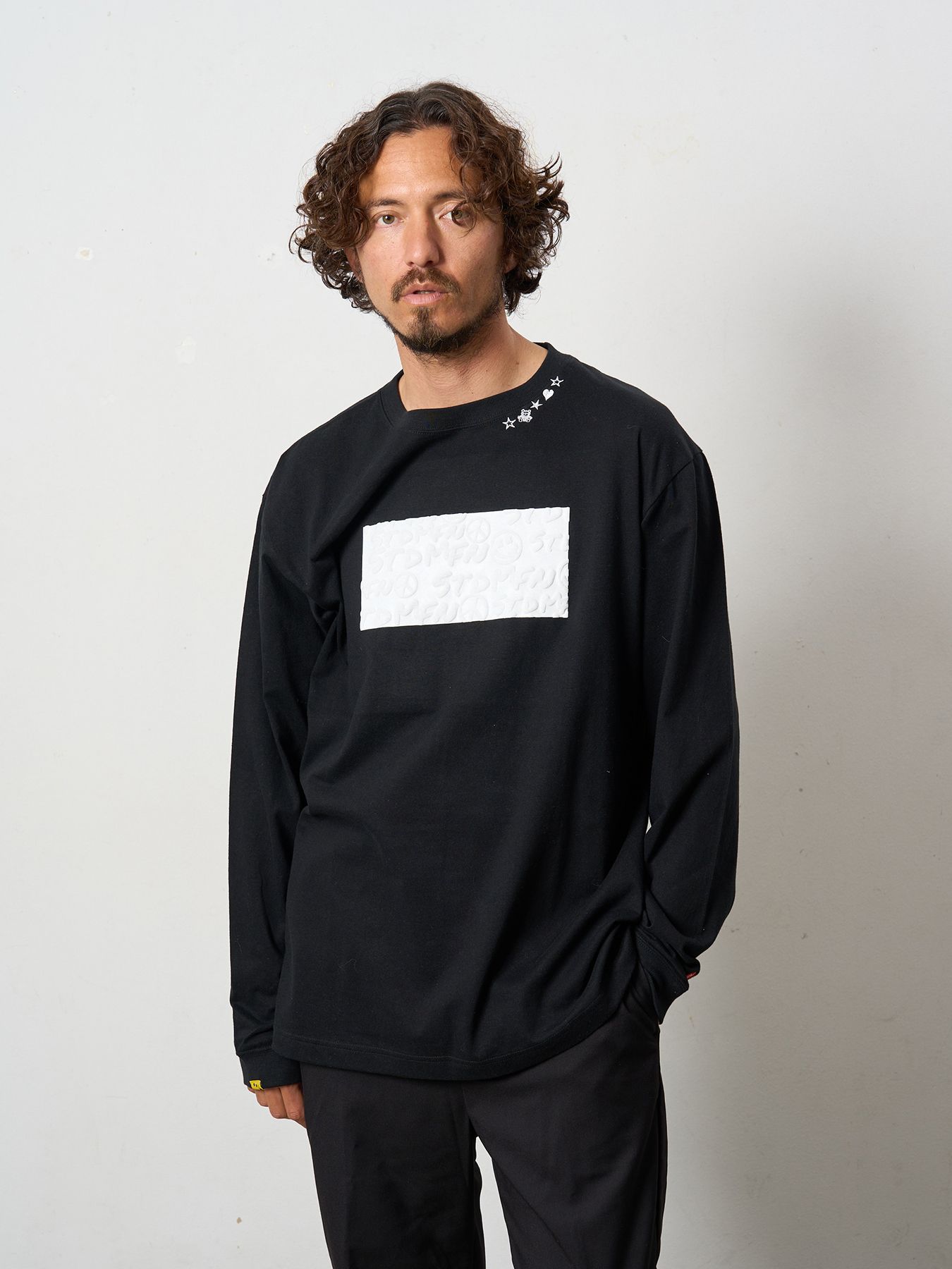 【予約品 5月8日(木) AM10時 締切】 5.6ozコットン天竺 ボックスロゴ発泡プリントLS Tシャツ / ブラック