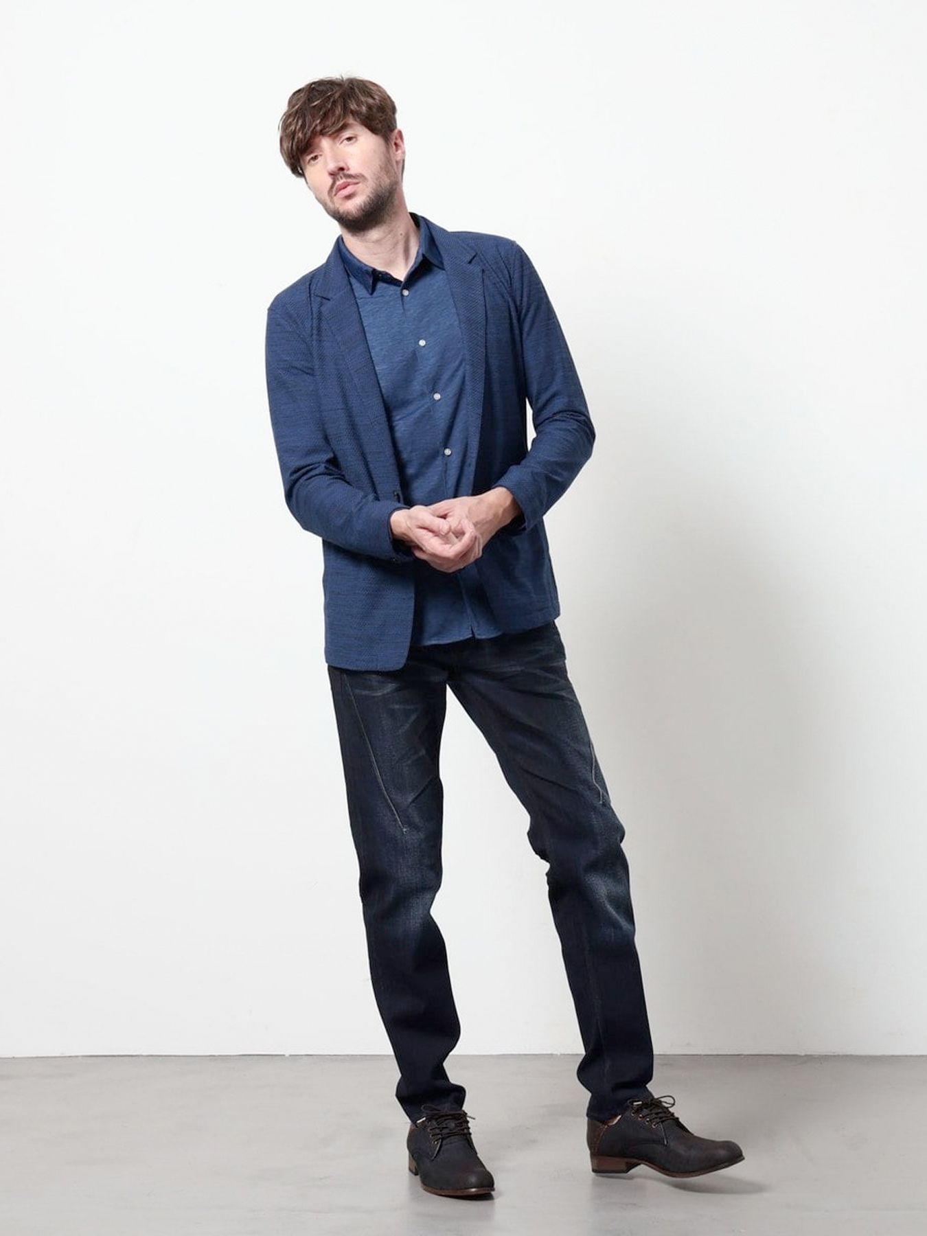 ハニカムジャガードラペルジャケット / ブルー×ネイビー 【HIDEAWAYS NICOLE】