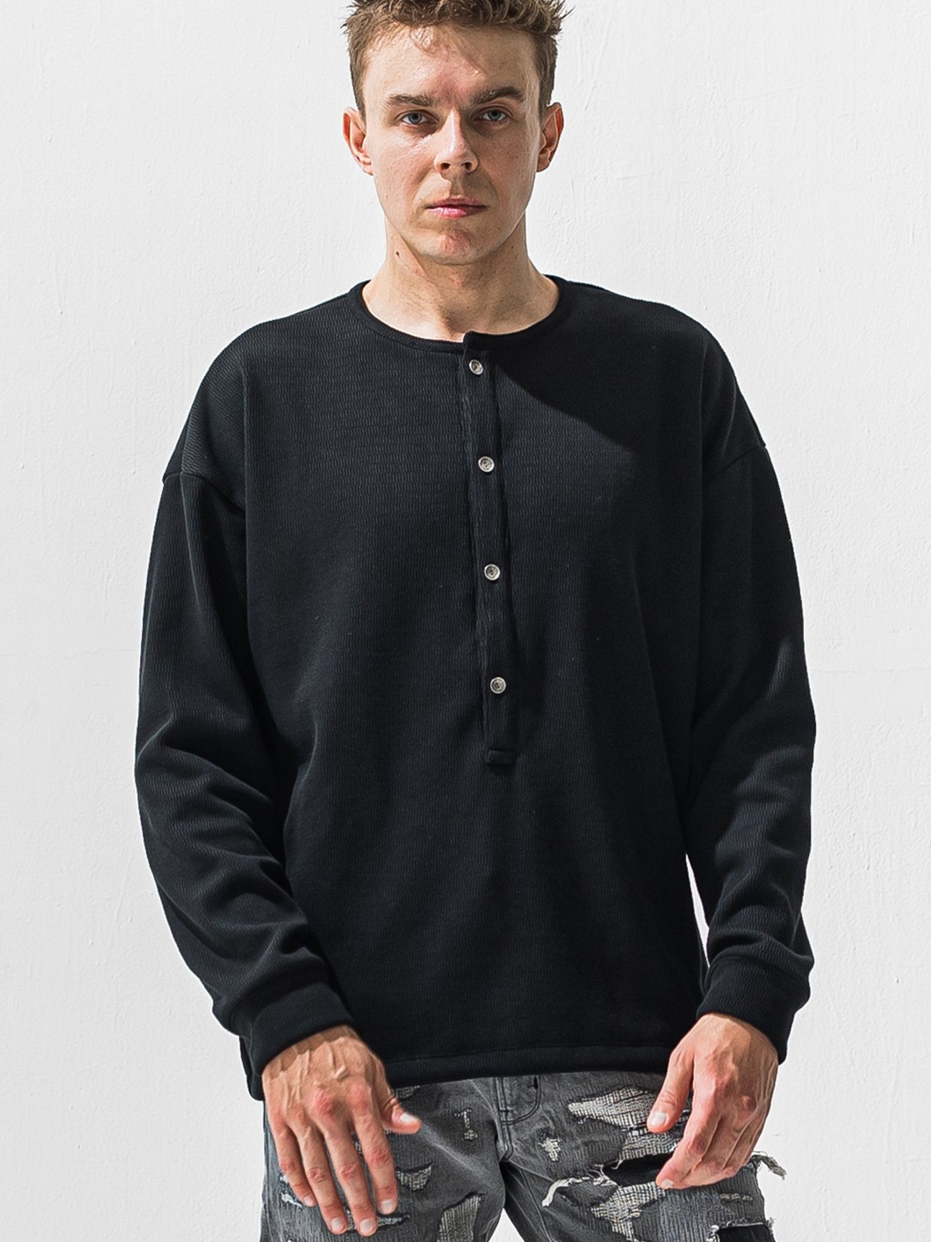 【予約品 9月6日(日) 締切】OVER HENRY VELOURS FLEECE THERMAL / 裏起毛 ハニカムサーマル オーバーサイズヘンリーネック / ブラック