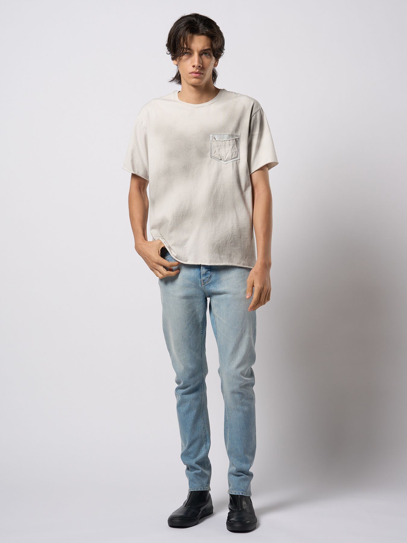 【予約品 9月23日(火) 締切】spray dye leather pocket-T / スプレーダイ レザーポケットTシャツ / グレージュ×シルバー