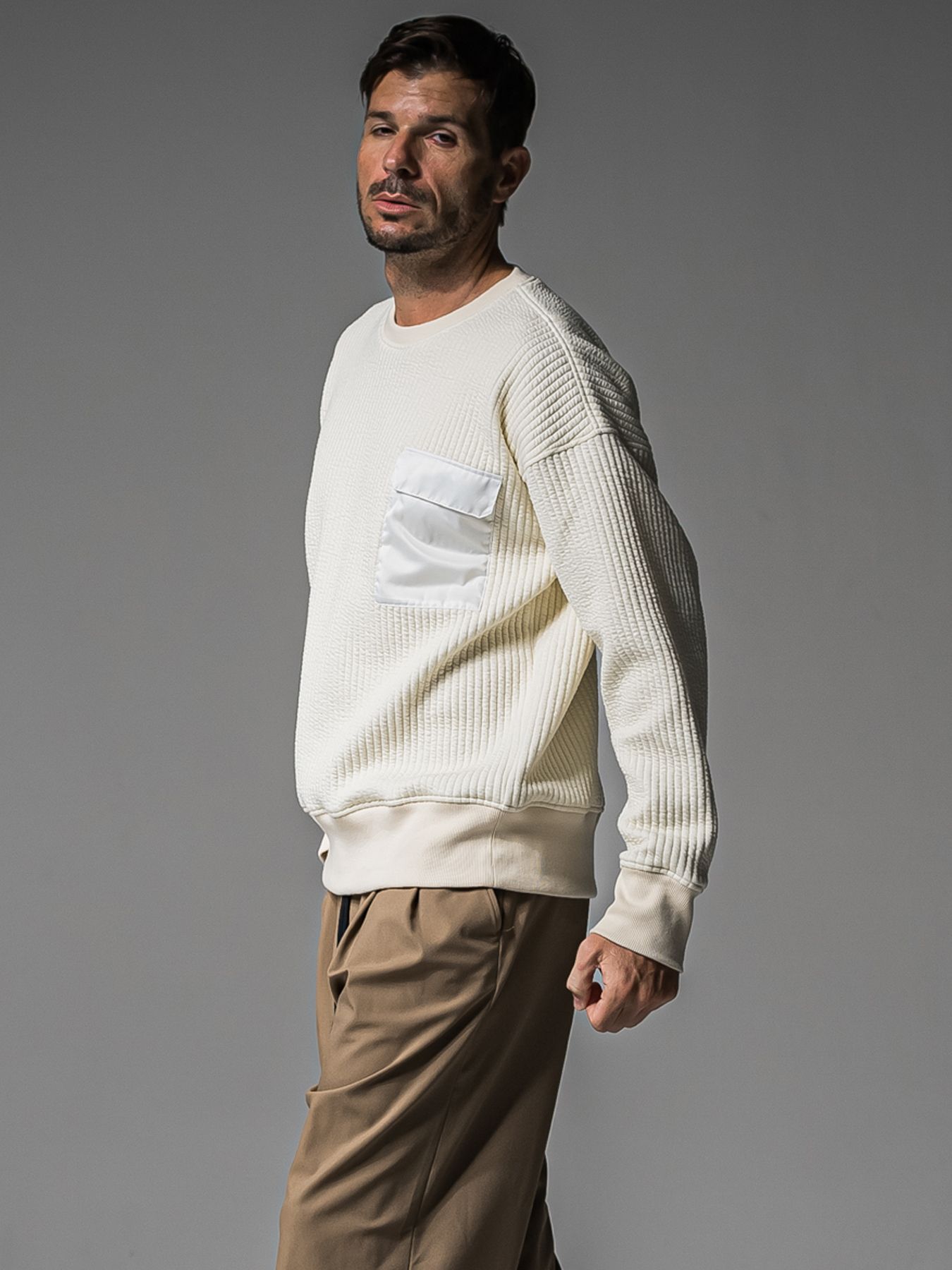 【予約品 】STRIPE QUILTING DROP TRAINER / ストライプキルティング ルーズトレーナー / オフ