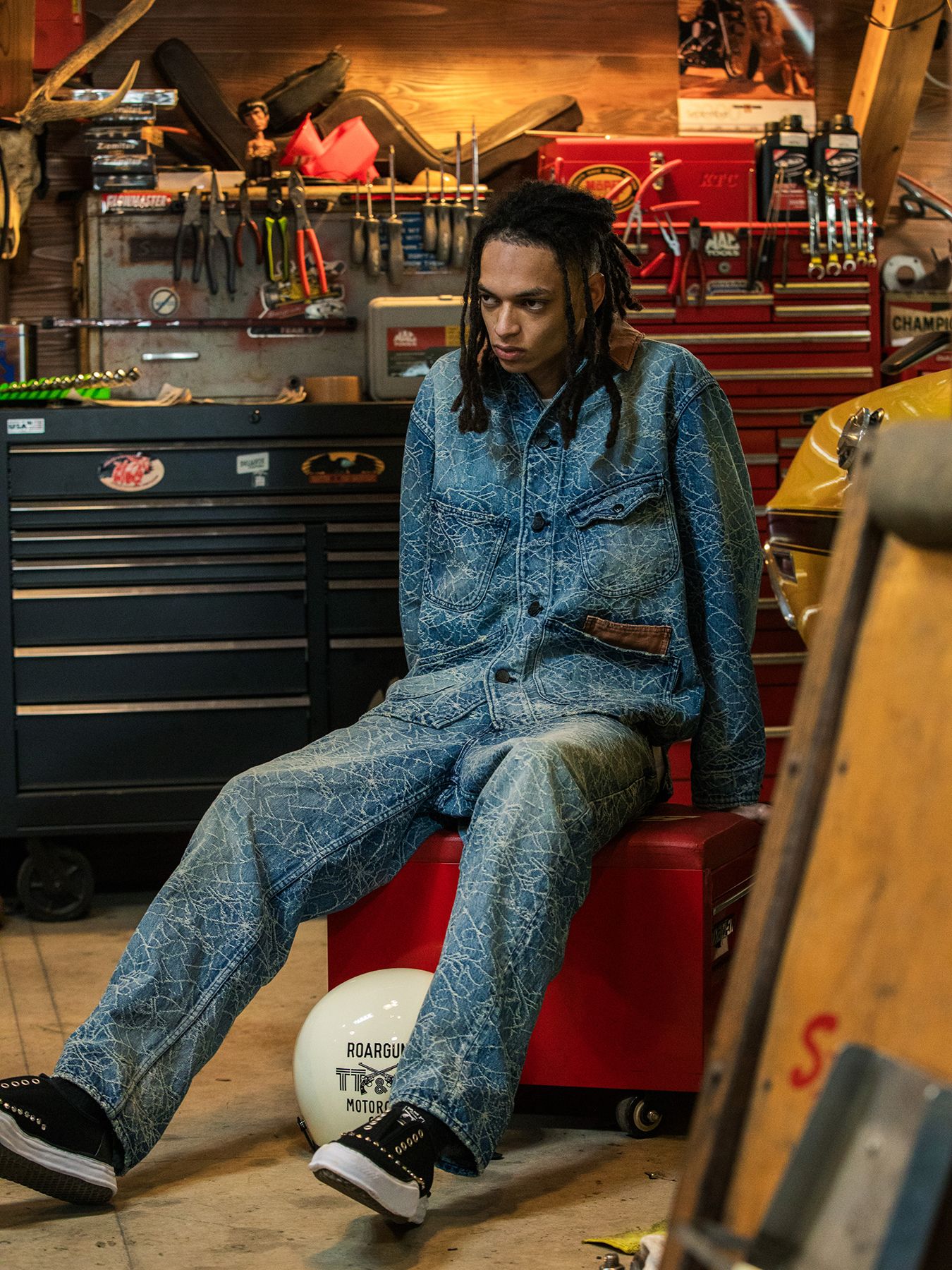 【予約品 3月9日(月) 18:00 締切】SPIDER JAQ DENIM JKT / スパイダー ジャガード デニム カバーオールジャケット / ブルー