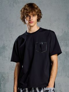 【予約品 1月25日(日) 締切】drawstring leather pocket S/S / ドローストリング レザーポケット ショートスリーブ / ブラック